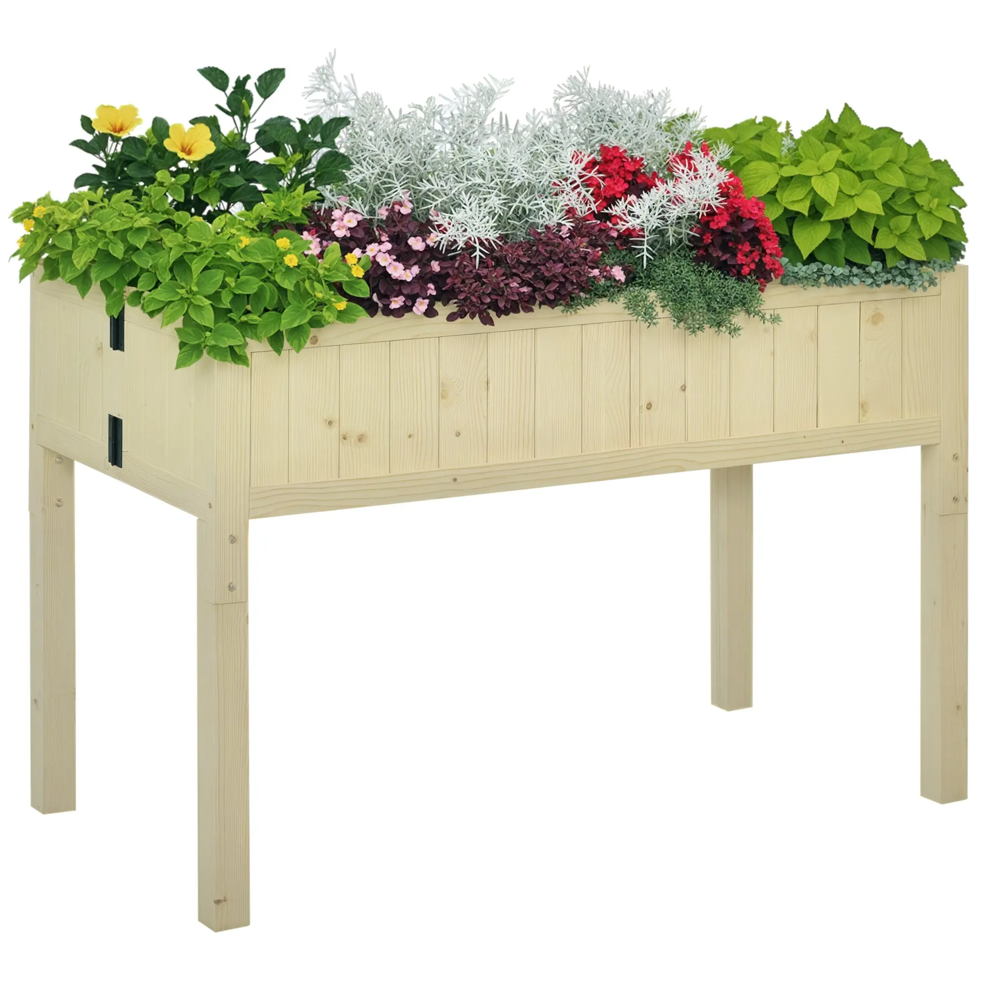 Foldable Raised Garden Planter, Spruce Wood, 115 x 56 x 76 cm (45.3 x 22 x 29.9 in), Natural Finish, 4 Drainage Holes