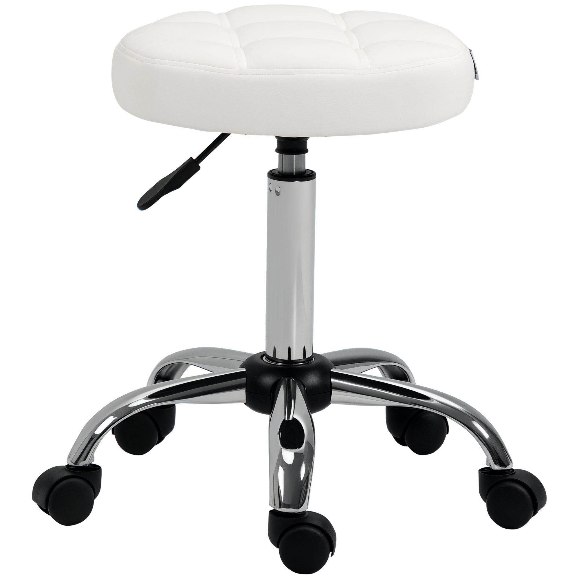 Rolling Stool Height Adjustable Work Stool, Swivel Salon Stool for Office Massage Faux Leather White ?35.5 x 51-67 cm