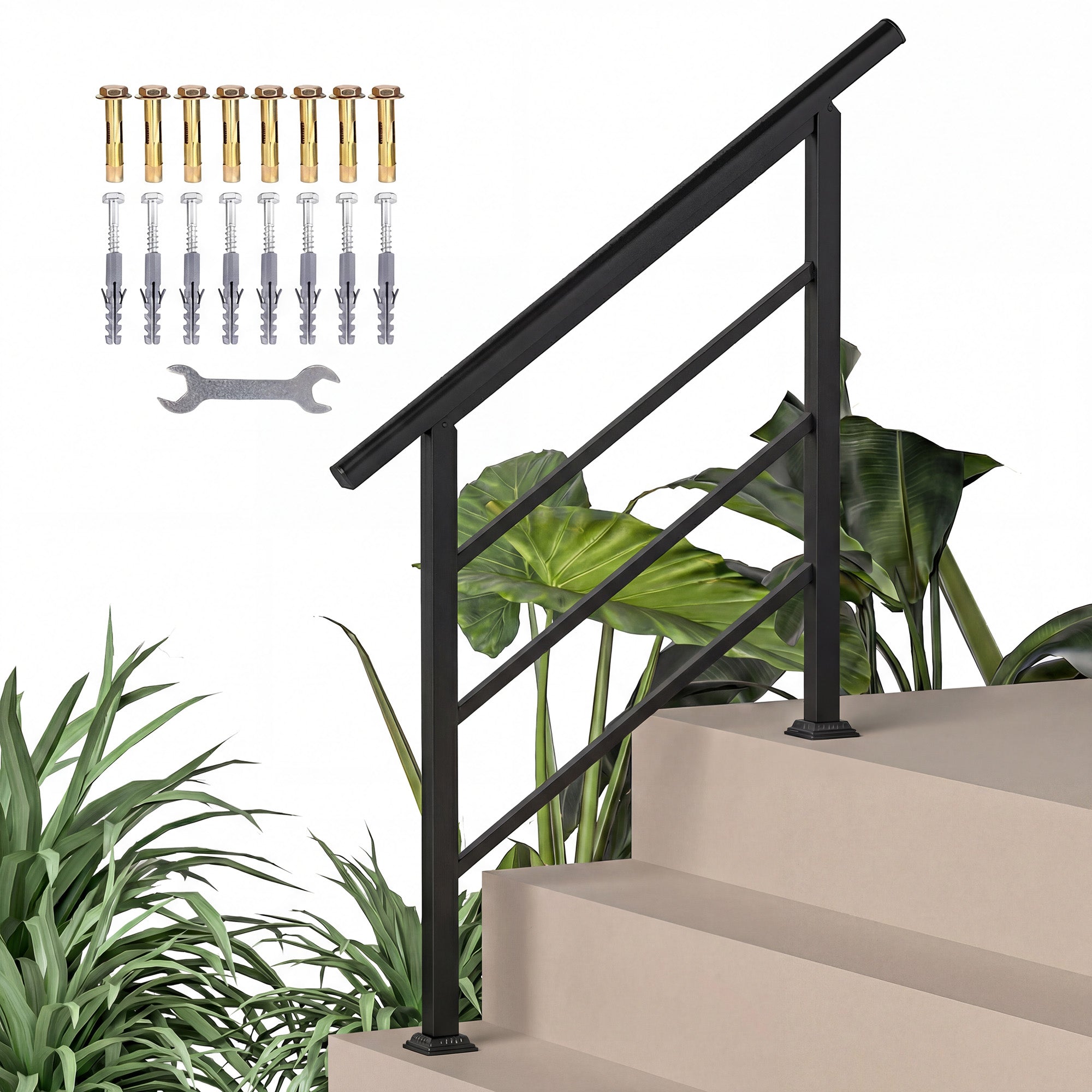 Stair Handrail, 95 cm — Adjustable 0°–45° Handrail Kit for 1–3 Steps, Porch & Outdoor Use, Black