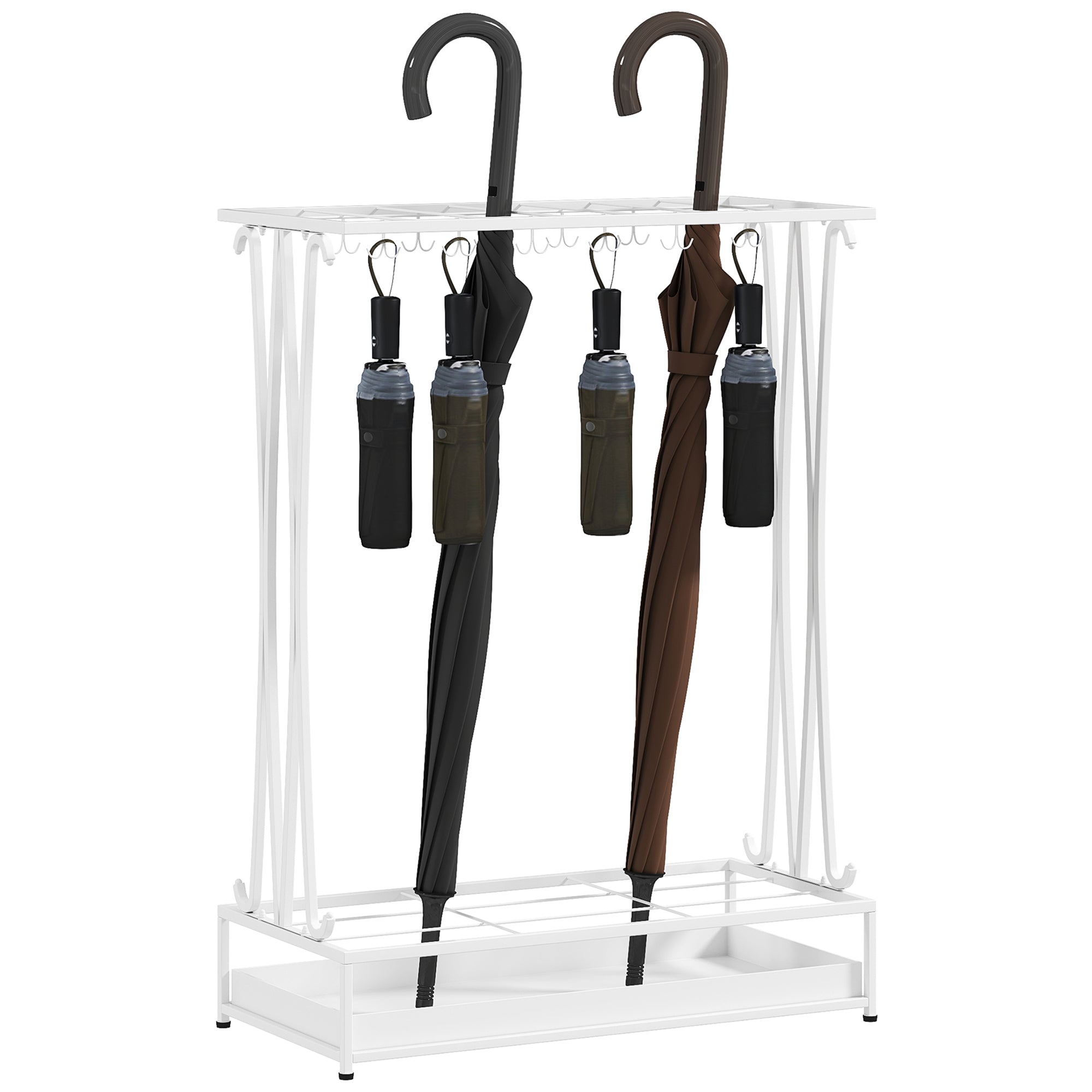 HOMCOM Moderner Rechteckiger Regenschirmständer aus Stahl mit 24 Haken, 21 Fächern und Abnehmbarem Tropfteller für Eingangsbereich und Büro 50x24x68 cm Weiß