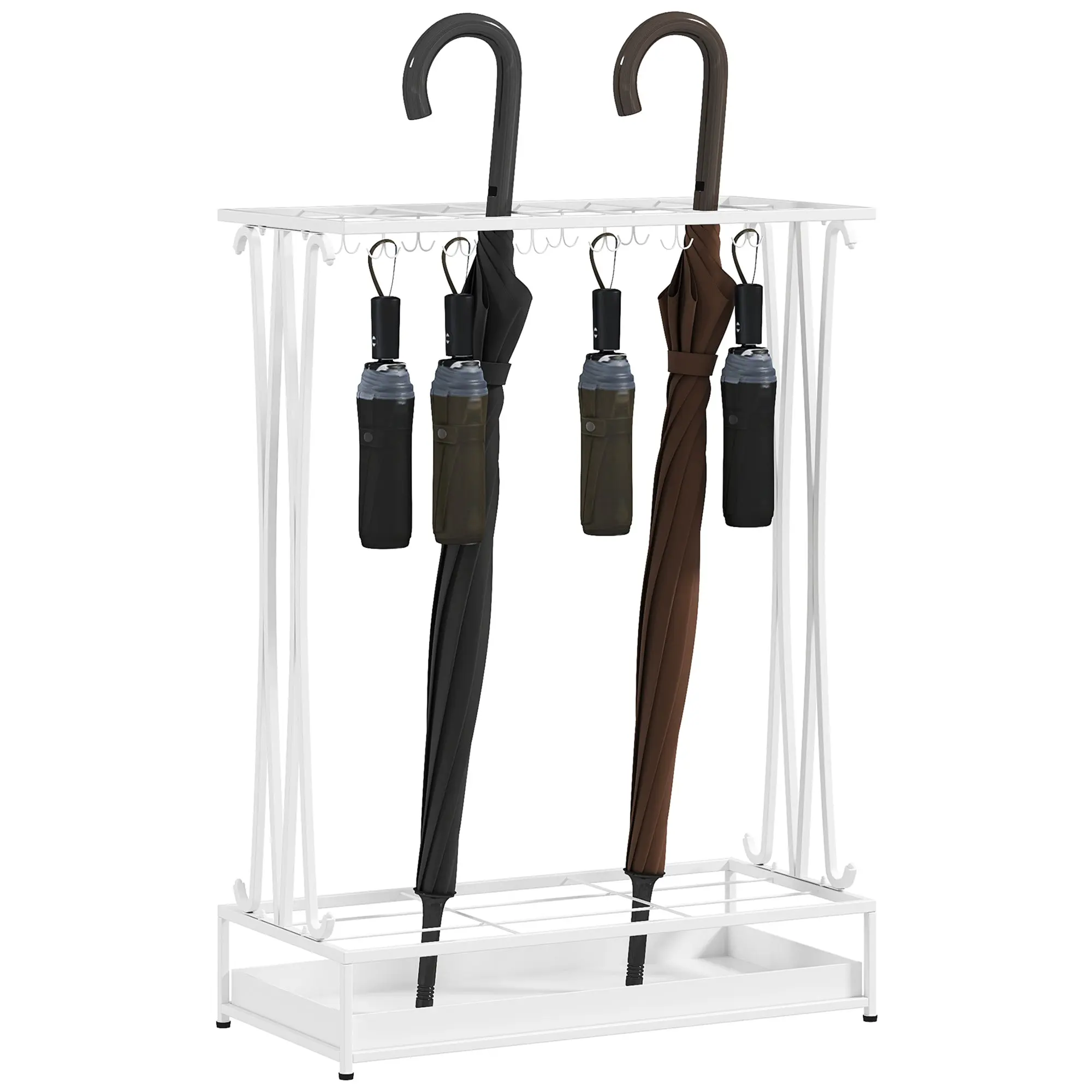 Modern Rectangular Umbrella Stand Steel Umbrella Holder with 24 Hooks 21 Spaces and Removable Drip Tray Umbrella Stand for Entryway Office 50x24x68 cm White