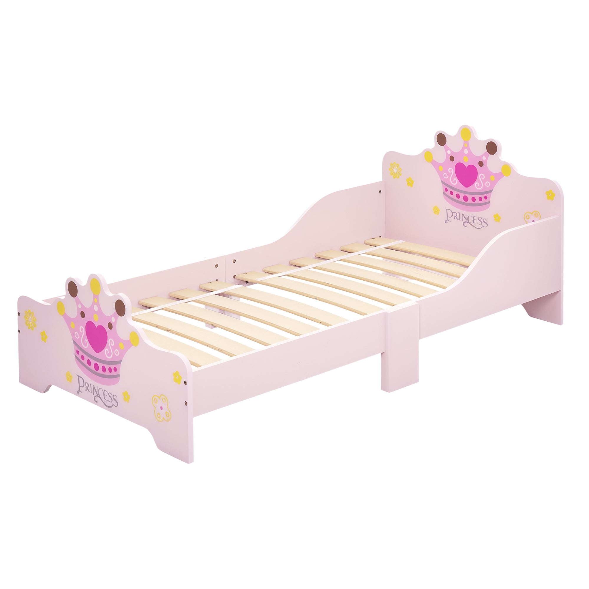HOMCOM Kinderbett für +3 Jahre 143x73x60 cm Holz Kinderbett mit Kronenmotiv Tragkraft 50 kg für Schlafzimmer Rosa