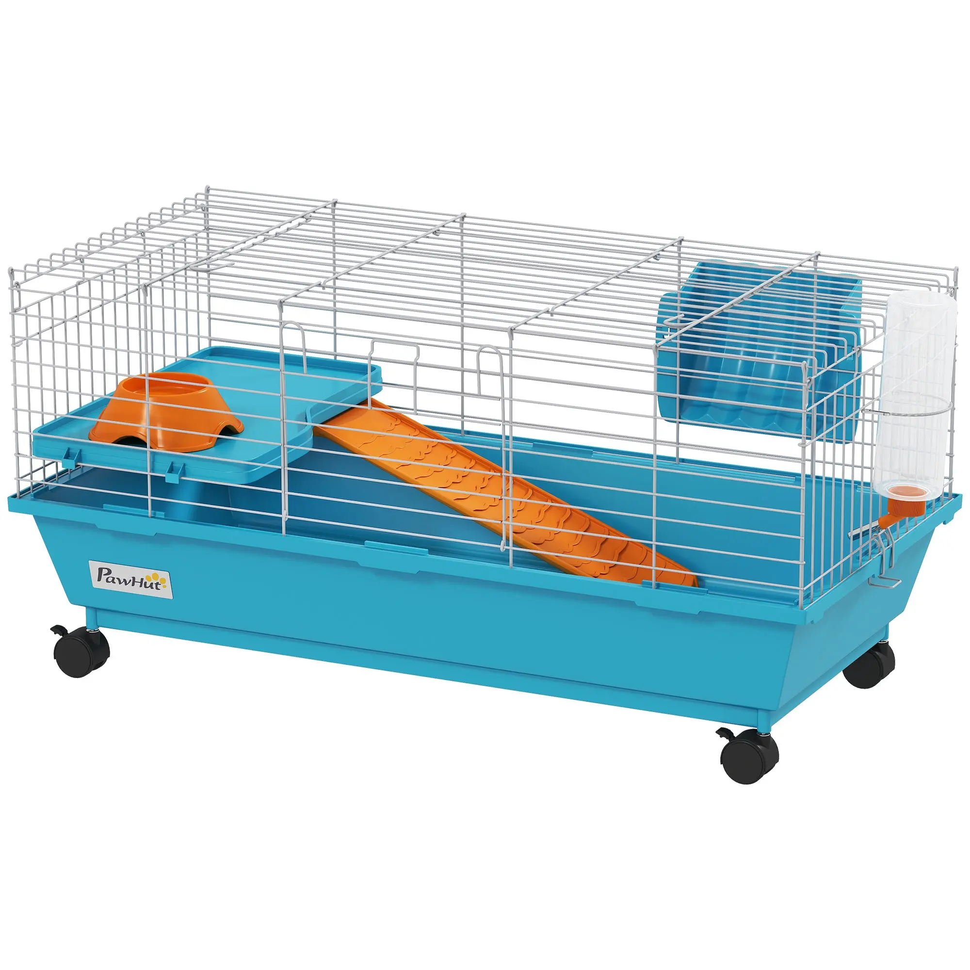 Small Animal Cage for Rabbits & Guinea Pigs with Wheels, Water Bottle, Food Bowl, Hay Feeder, Platform & Ramp, Removable Tray — 89 x 44 x 43 cm (35.0 x 17.3 x 16.9 in) — Blue