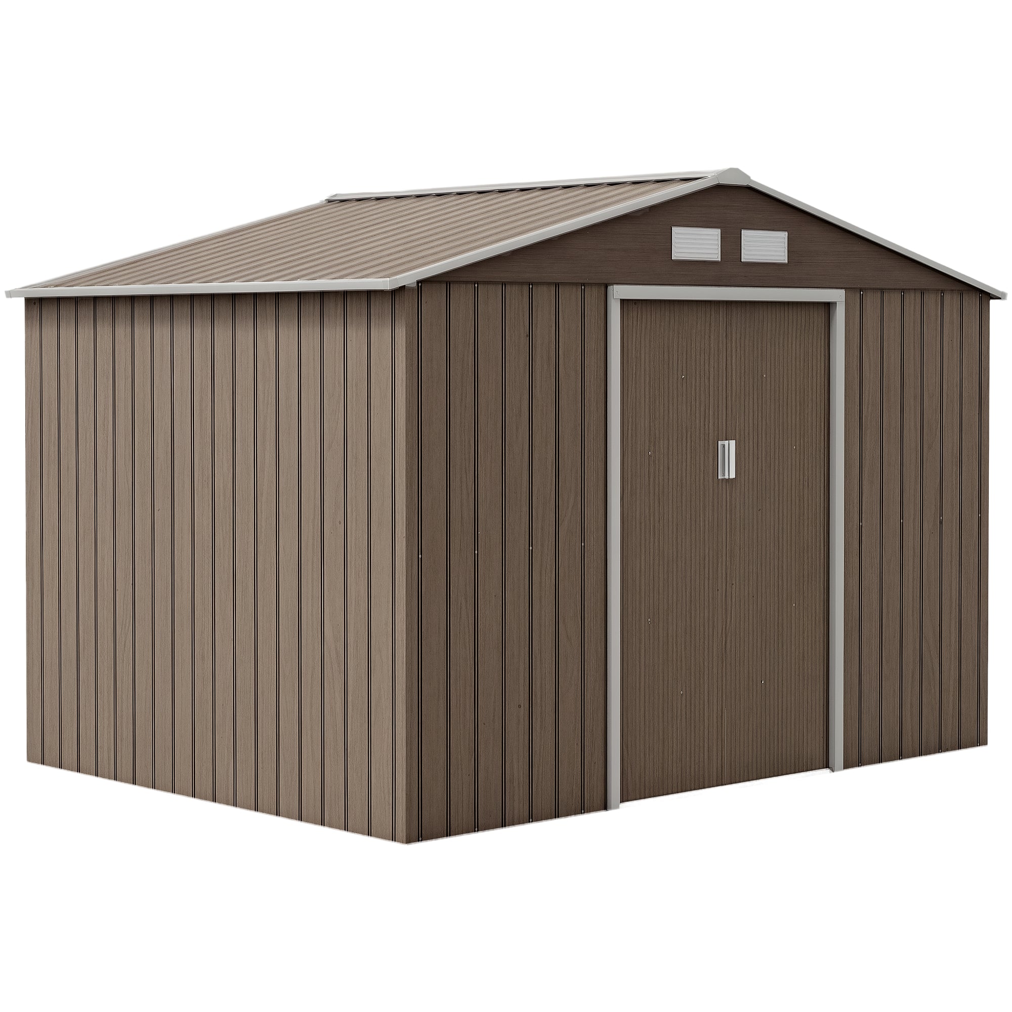 Outsunny Instrumentu Nams 4.9 m², Dārza Māja ar Sānu Jumtu, Slīdošām Durvīm, Pamatu, 277 x 195 x 192 cm, Instrumentu Nams no Cinkota Tērauda, Laika Apstākļiem Noturīgs, Dārzam, Brūns