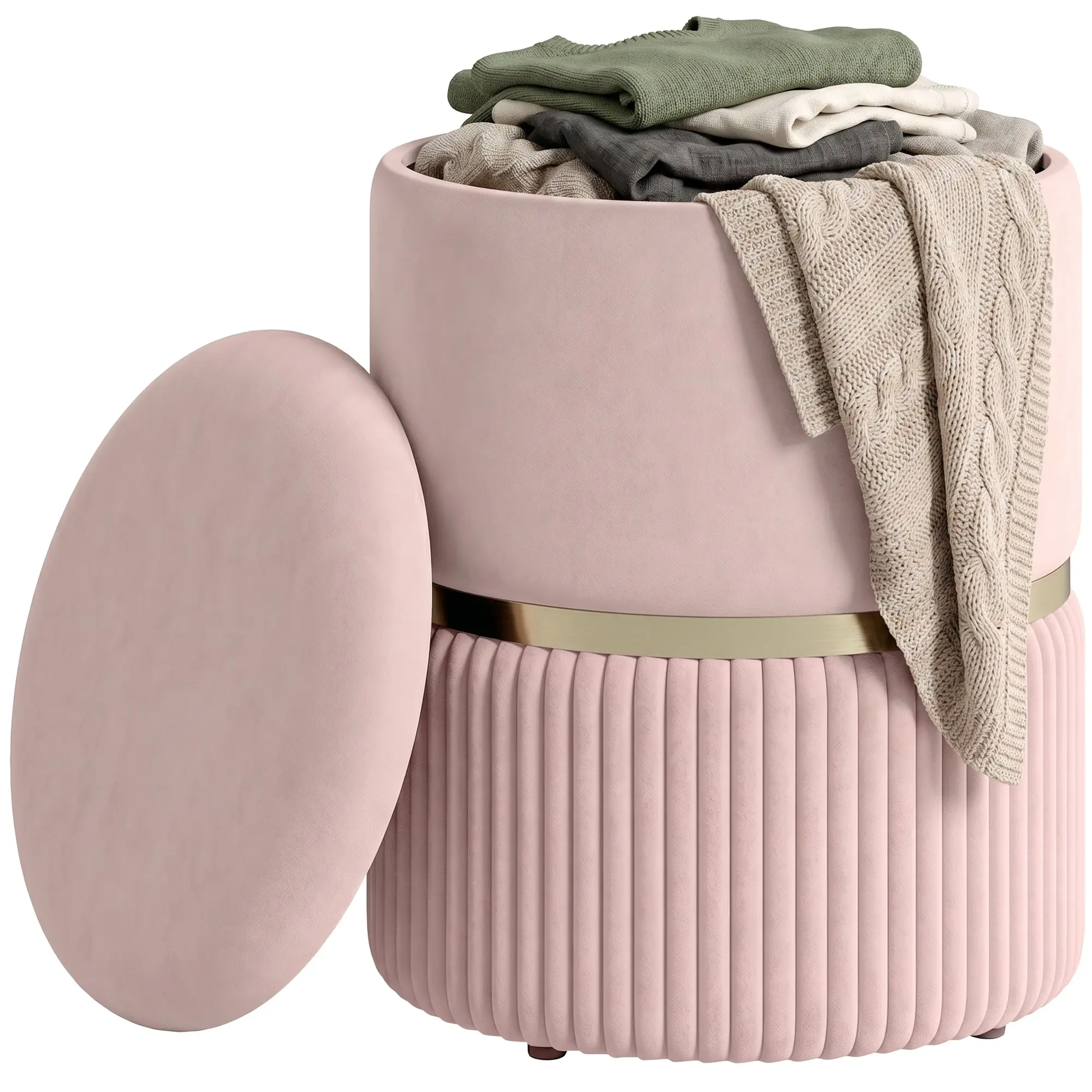 Pink Corduroy Storage Ottoman — Round Footstool with Lift-Up Lid, 36 x 36 x 44 cm (14.2 x 14.2 x 17.3 in)