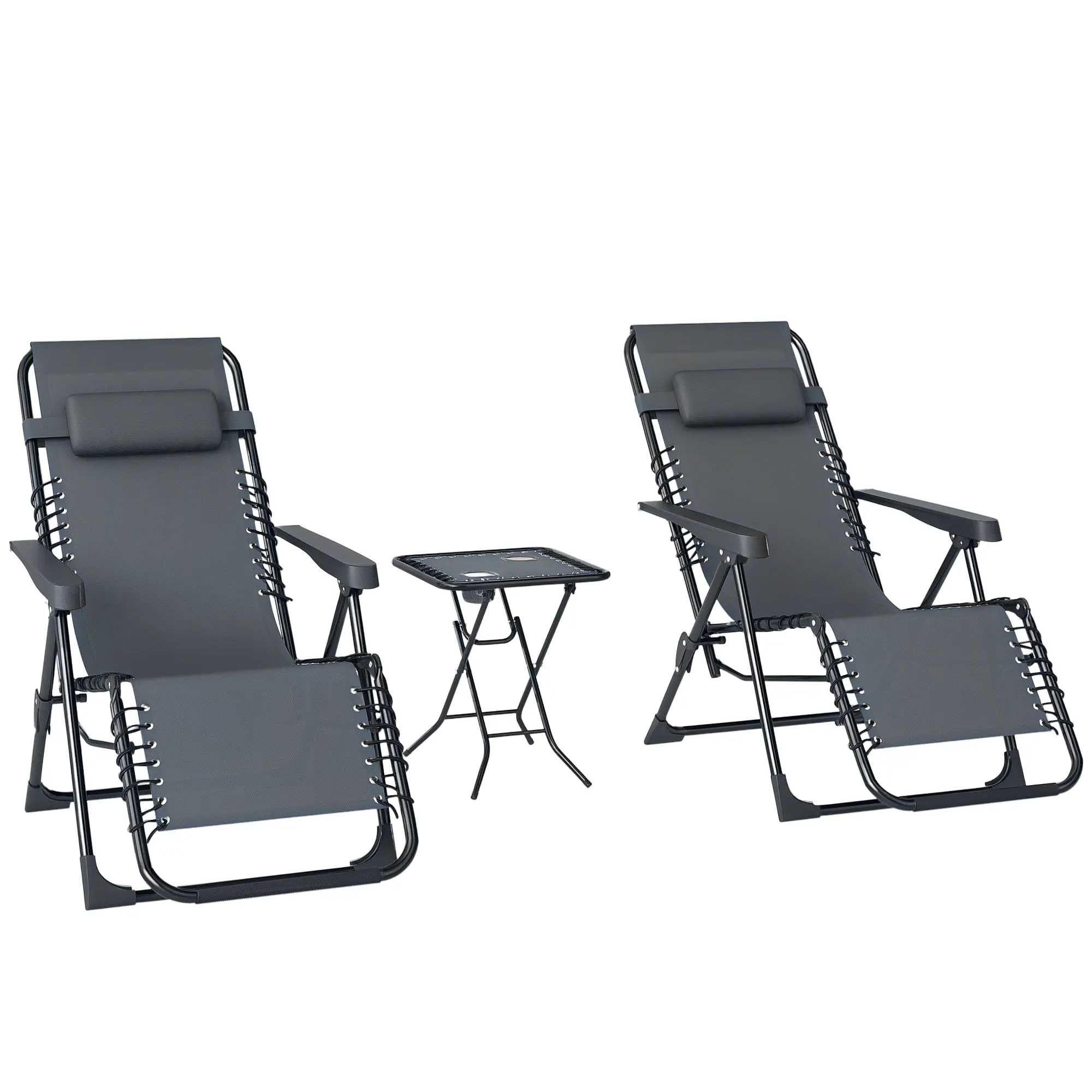 Set of 2 Folding Garden Sun Loungers with Side Table Cup Holders Zero Gravity Loungers with Adjustable Backrest Removable Armrest for Outdoor Patio Pool Terrace Gray