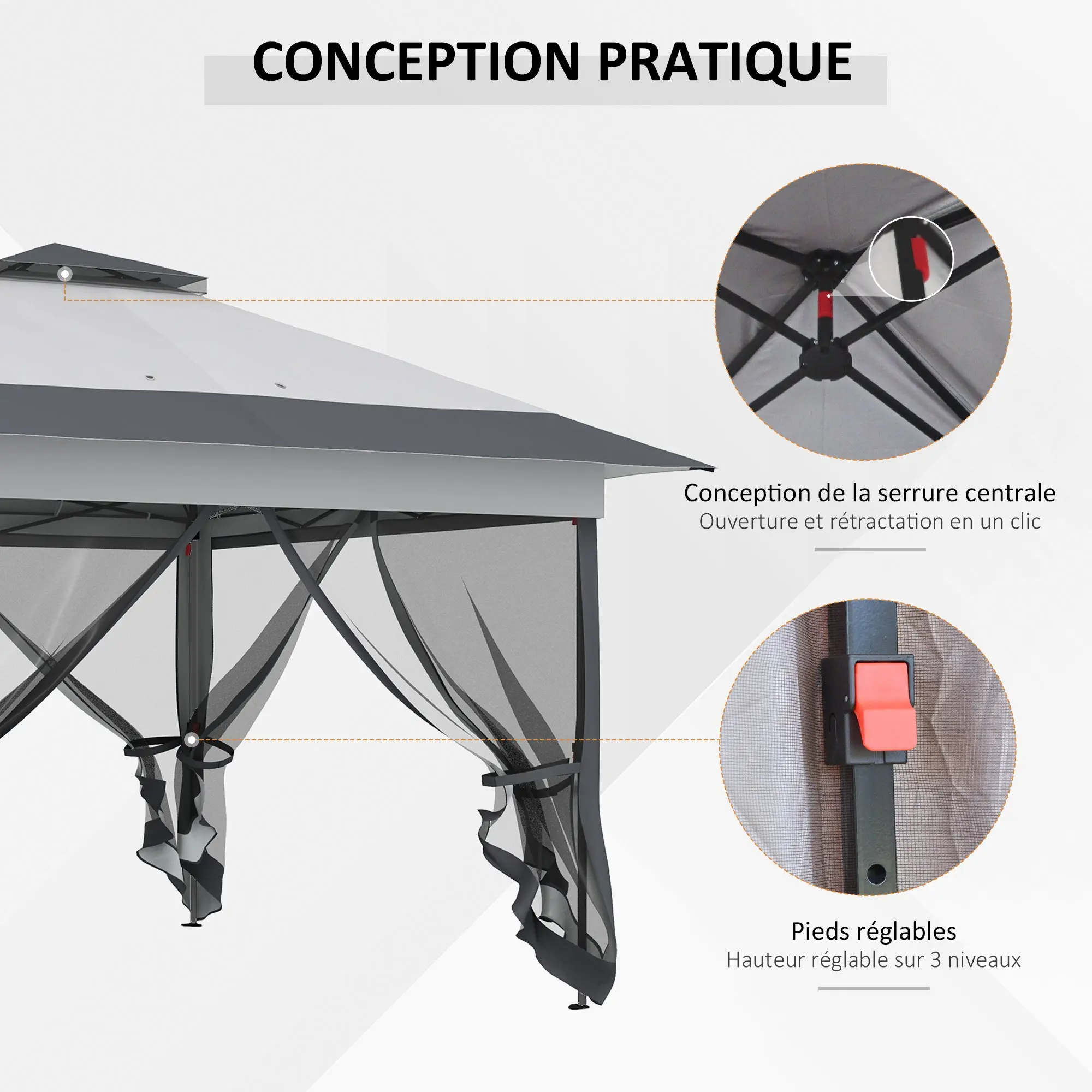 Outdoor Garden Gazebo Folding Gazebo 3.6x3.6m with Double Roof Steel Polyester Mosquito Nets + Wheeled Carrying Bag Gray
