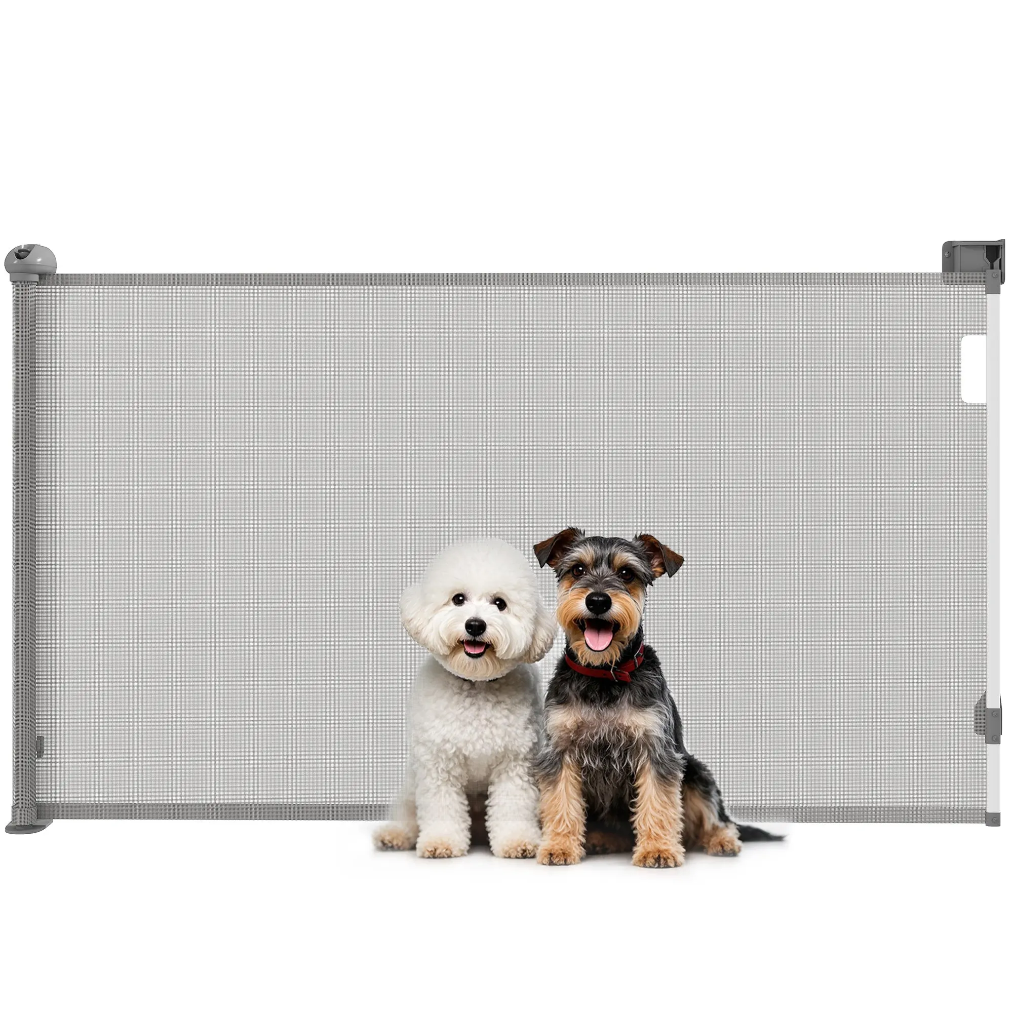 Retractable Dog Safety Gate, 0-149 cm width, extendable protective net, stair and door gate for dogs with automatic locking, gray