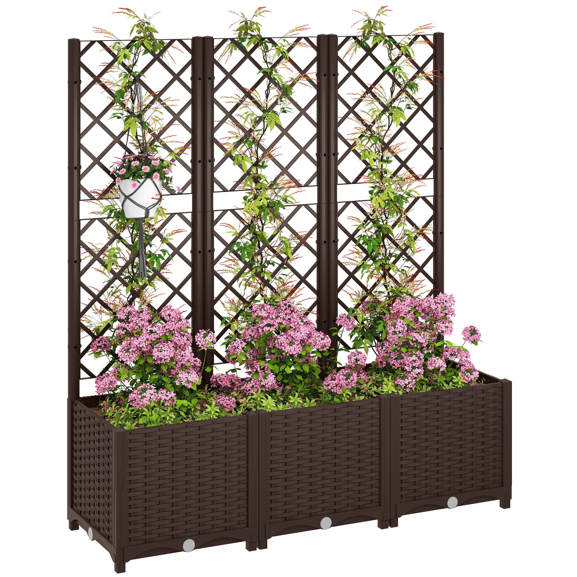 PP Garden Planter with Trellis Large Outdoor Planter with Drainage Holes Water Reservoirs for Climbing Plants Planter with Support for Garden Patio Terrace 120x40x135 cm Brown