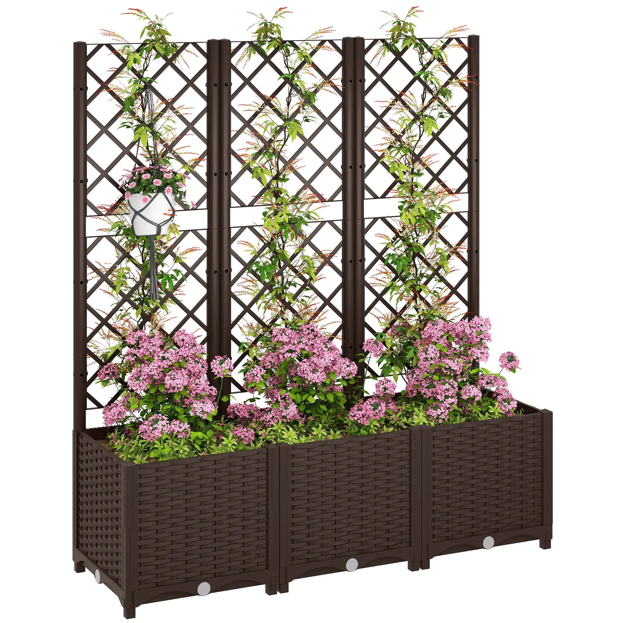 PP Garden Planter with Trellis Large Outdoor Planter with Drainage Holes Water Reservoirs for Climbing Plants Planter with Support for Garden Patio Terrace 120x40x135 cm Brown