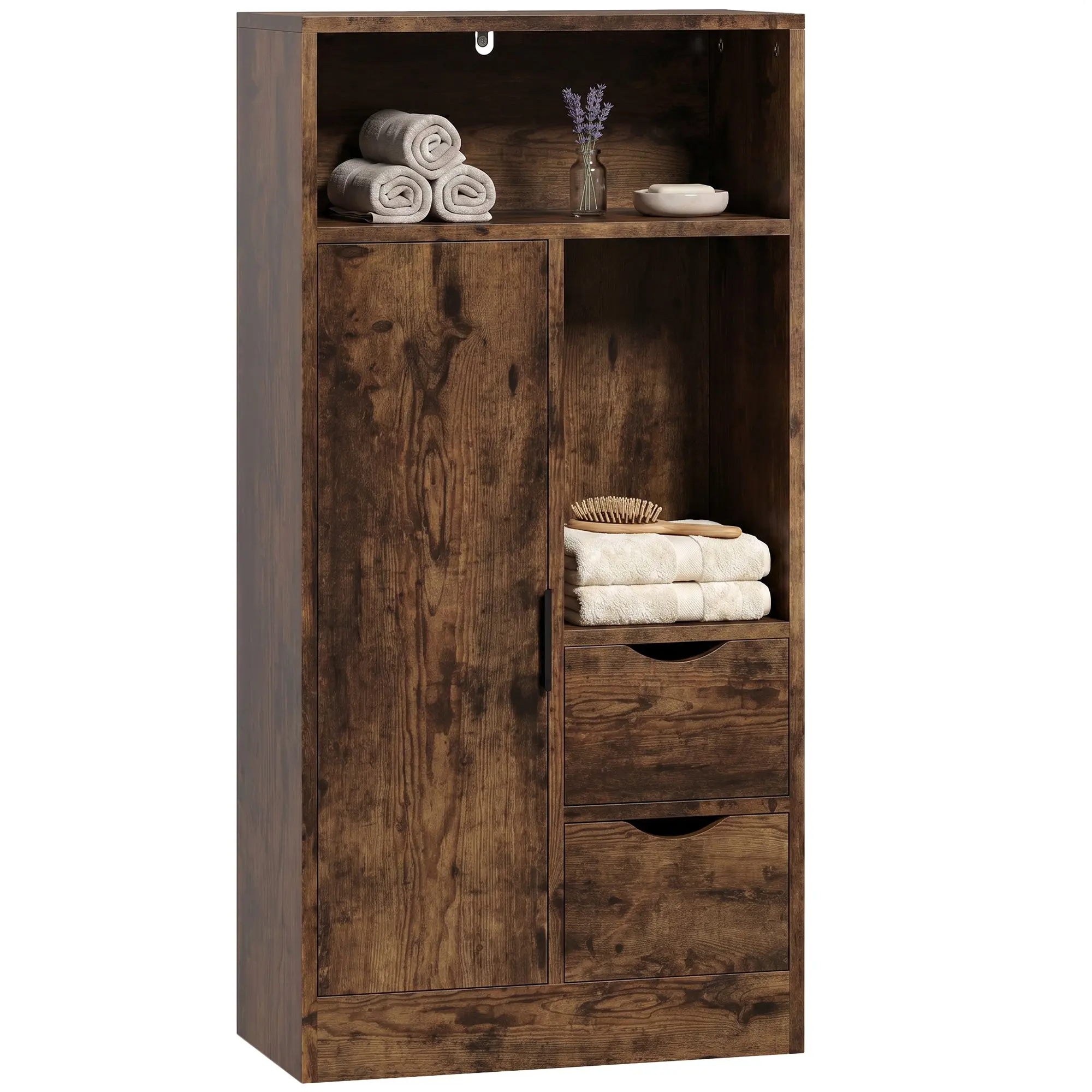 Slim Bathroom Cabinet, Space-Saving Floor Cabinet with 2 Drawers, Open Compartments, Adjustable Shelves, Freestanding for Bathroom, Dining Room, Living Room, Kitchen, 19.7 x 9.8 x 39.4 in (50 x 25 x 100 cm), Rustic Brown