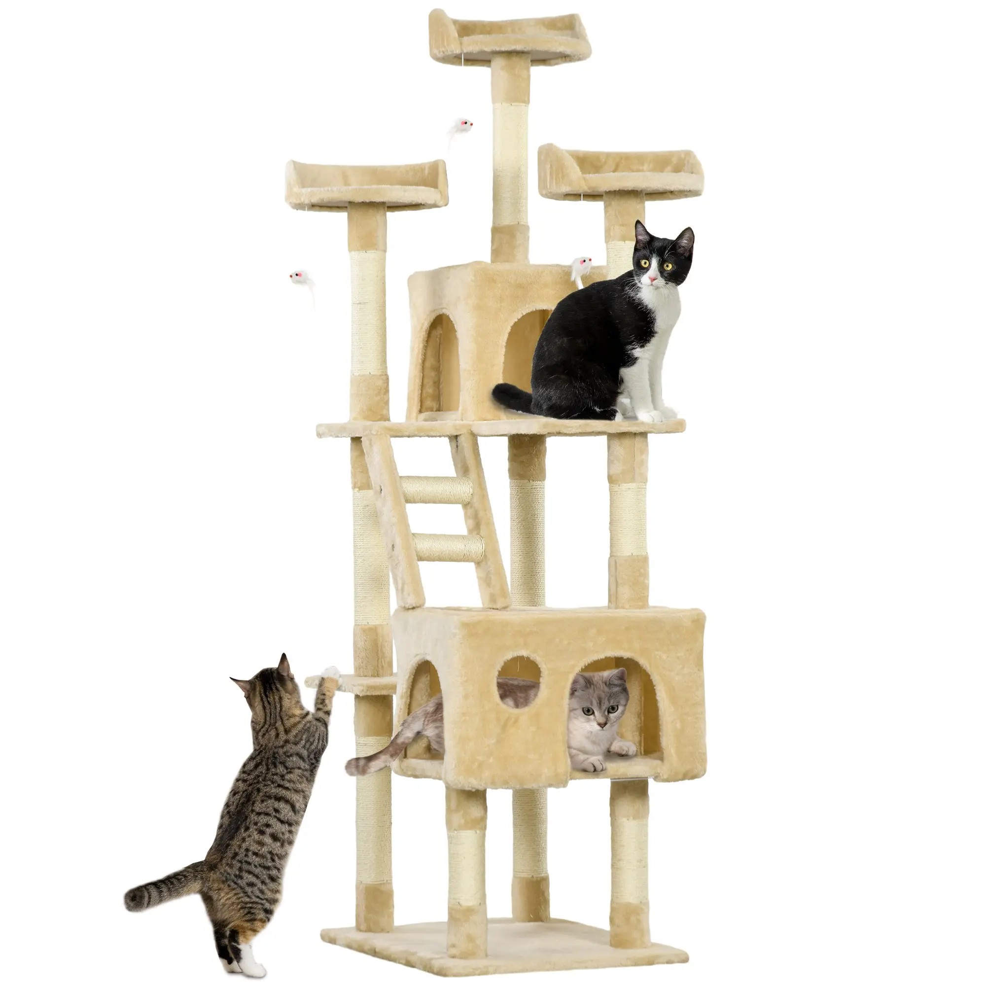 Large Cat Scratching Tree 60x50x181 cm with Multiple Scratching Posts Platforms Stairs Caves Toys Activity Center Beige