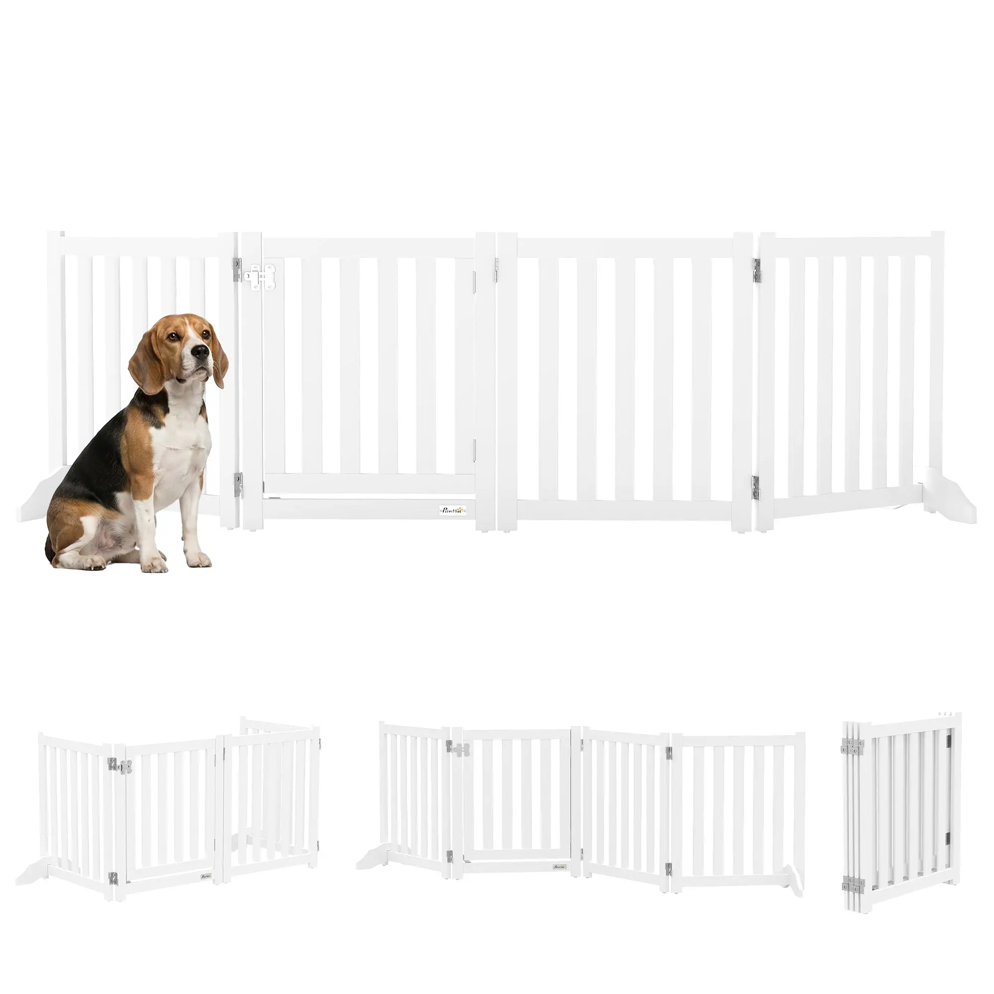 Freestanding Foldable Wooden Dog Gate — 4-Panel Indoor Pet Barrier with Door & Support Feet, 80.7 in x 11.8 in x 23.6 in (205 x 30 x 60 cm), White