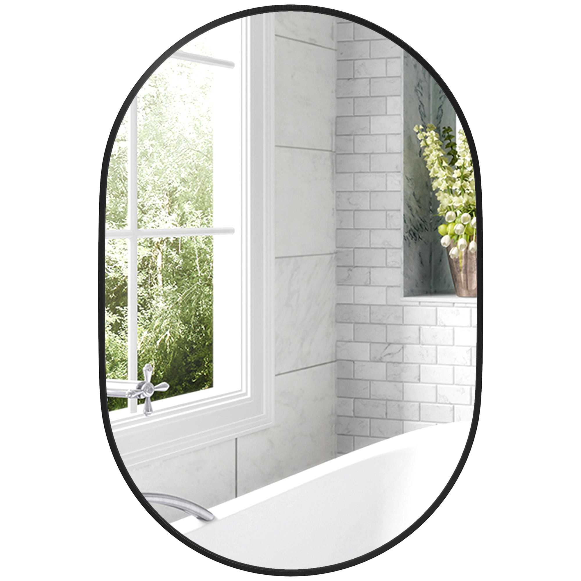 HOMCOM Ovaler Badezimmerspiegel 60x90cm Sicherheitsglas, Moderner Wandspiegel mit Aluminiumlegierungsrahmen, Vertikale/Horizontale Montage für Schlafzimmer, Flur, Wohnzimmer, Schwarz