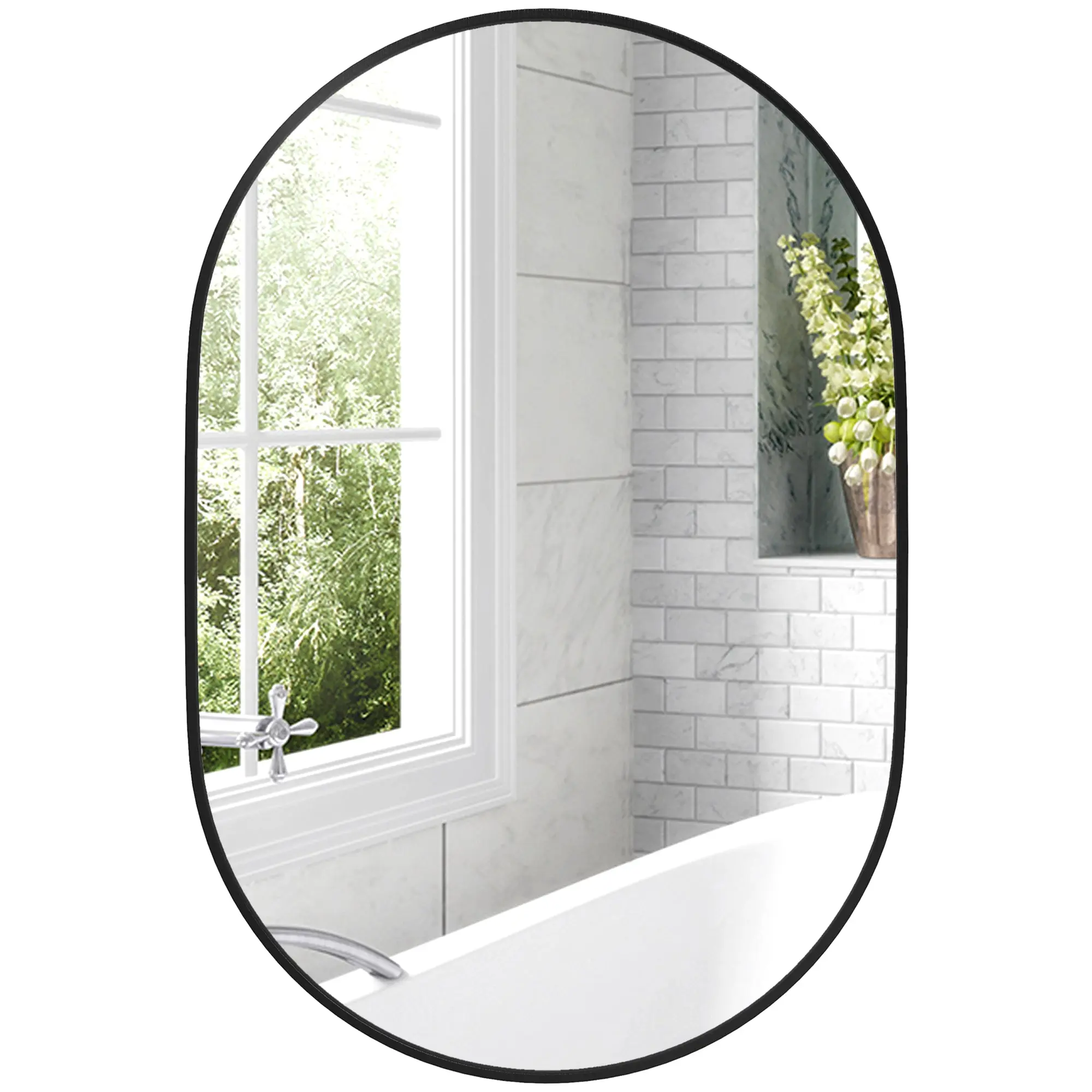 Oval Bathroom Mirror 60x90cm Tempered Glass, Modern Wall Mirror with Aluminum Alloy Frame, Vertical/Horizontal Mounting, for Bedroom, Entryway, Living Room, Black