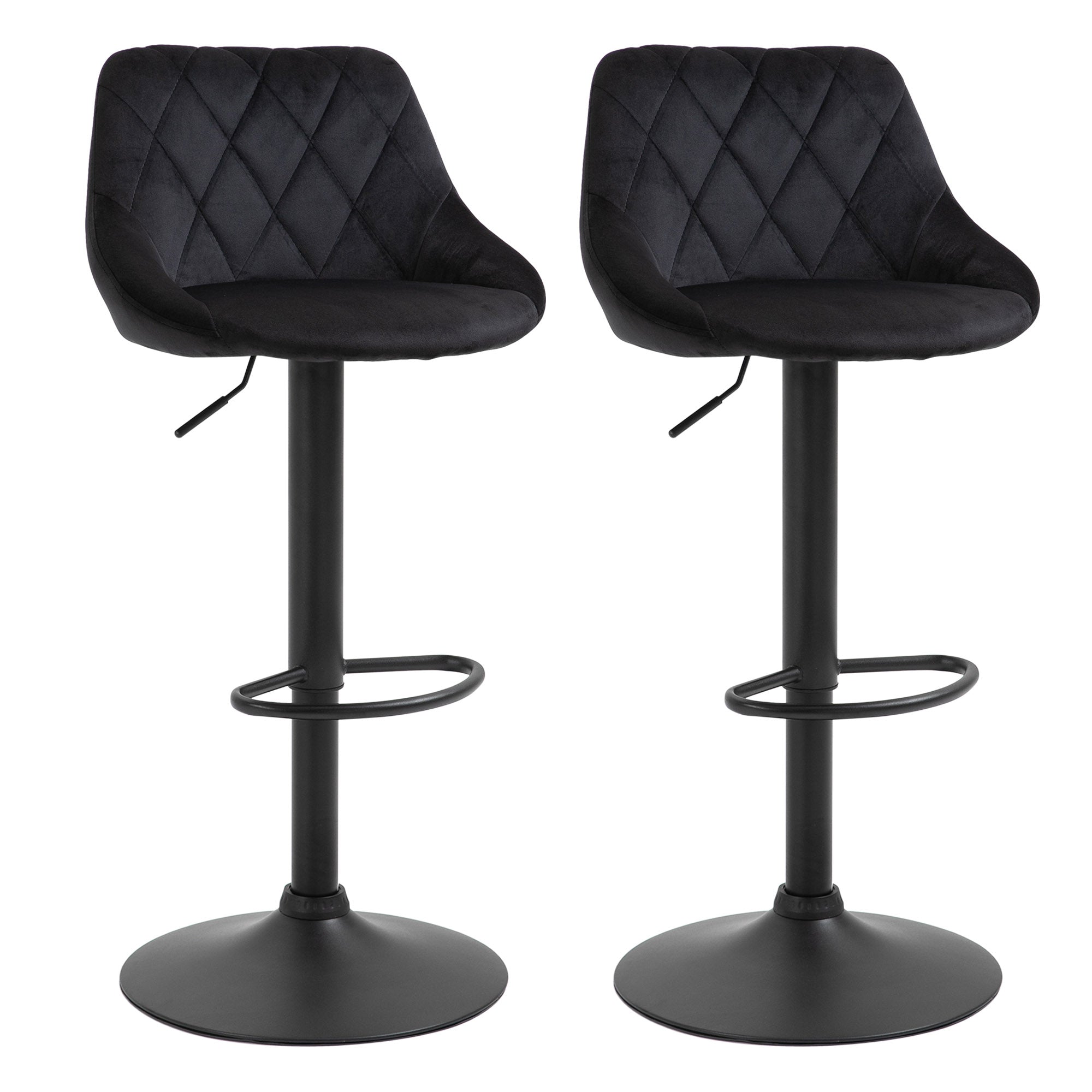 HOMCOM Velvet Bar Stools Set of 2 Adjustable Swivel Bar Stool with Backrest and Footrest Gas Lift Counter Height Kitchen Island Chairs Black