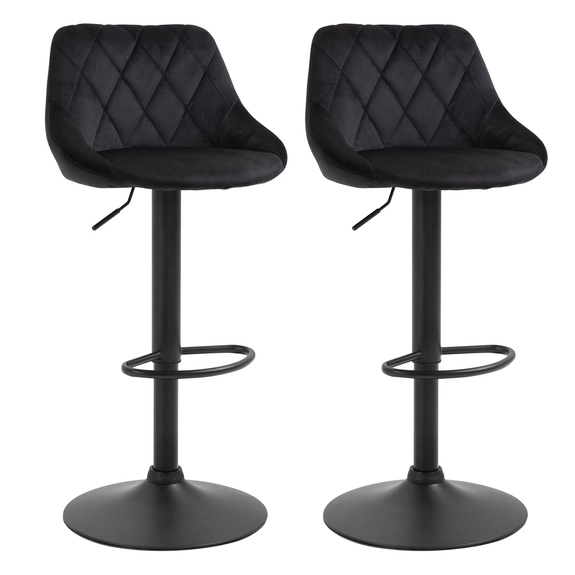 HOMCOM Velvet Bar Stools Set of 2 Adjustable Swivel Bar Stool with Backrest and Footrest Gas Lift Counter Height Kitchen Island Chairs Black