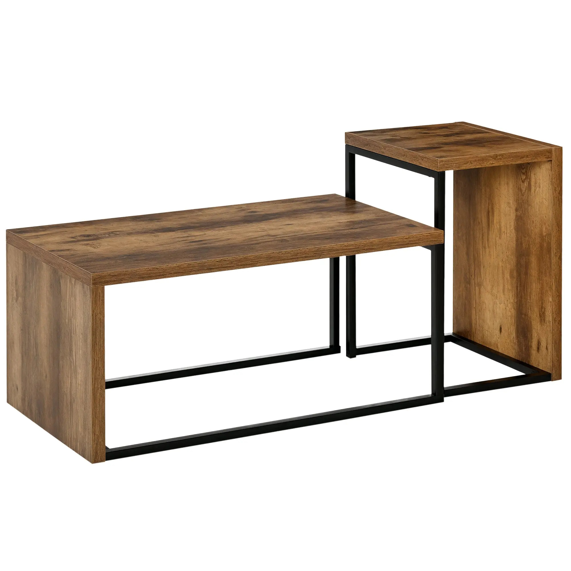 Set of 2 Coffee Tables with Metal Legs Industrial Style for Living Room Dining Room 90x48x42 cm and 59x42x36 cm Rustic Brown
