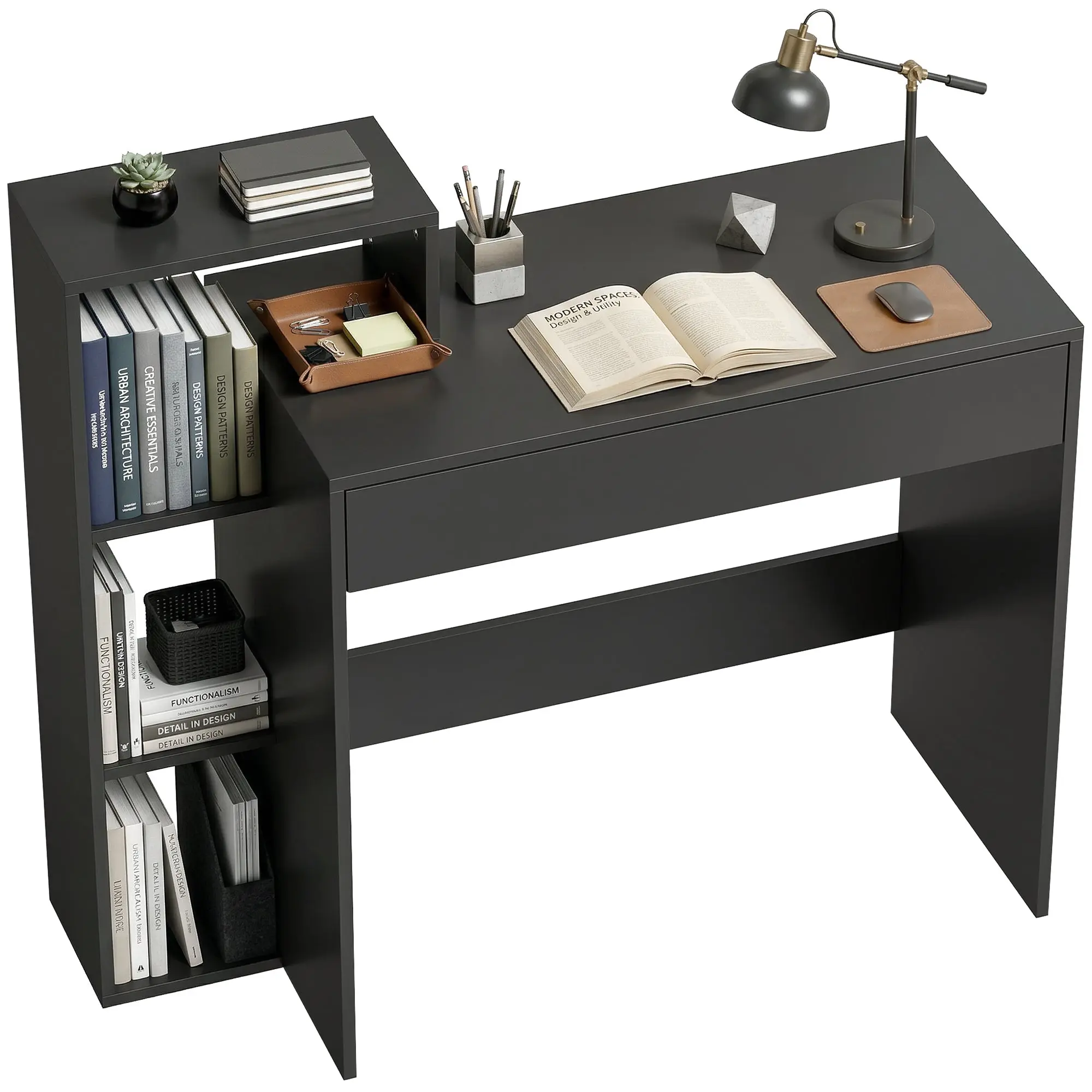 Compact Computer Desk with 3 Shelves & Drawer – Workstation for Home Office, Living Room – 39.4" x 15.7" x 35.4", Black
