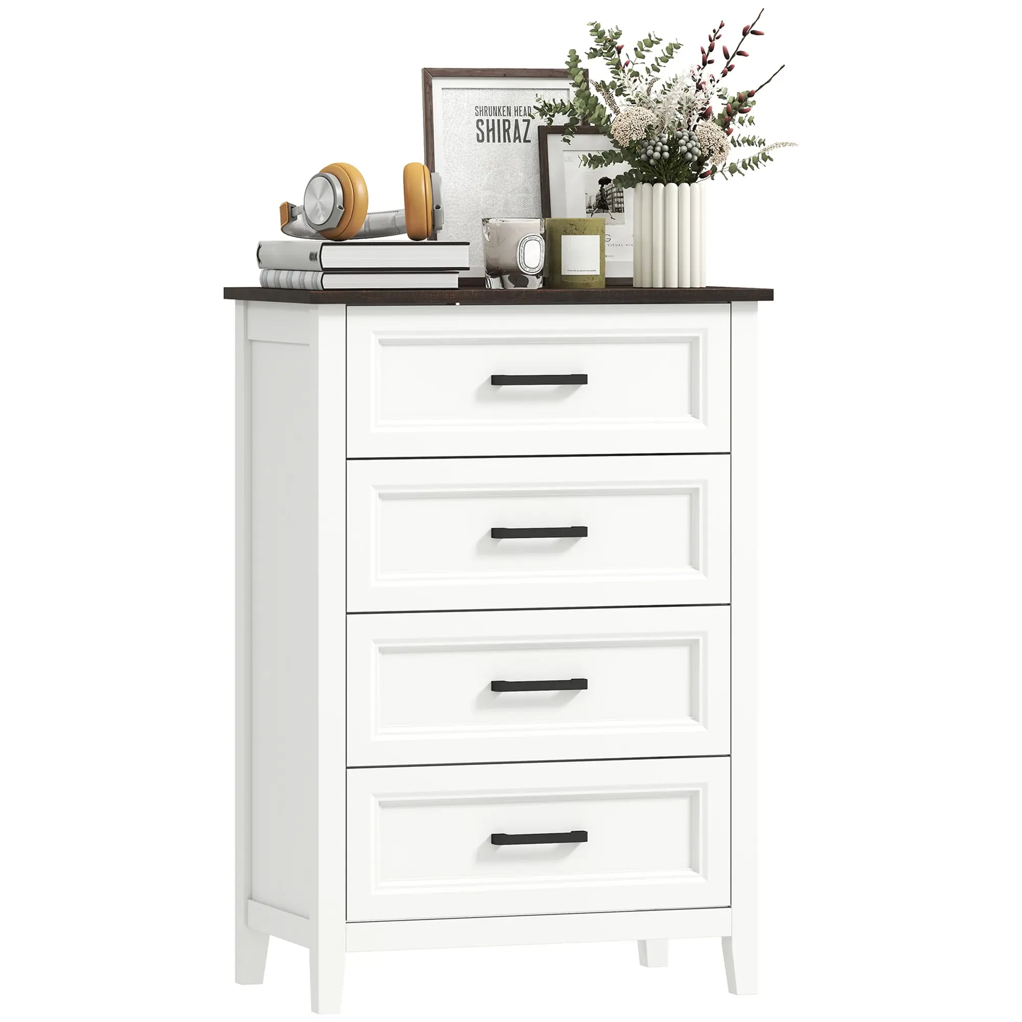 4-Drawer Dresser, Narrow Tall Bedroom Chest with Wood-Effect Top for Small Spaces, Living Room, Office, 23.6 x 13.8 x 34.3 in (60 x 35 x 87 cm), White