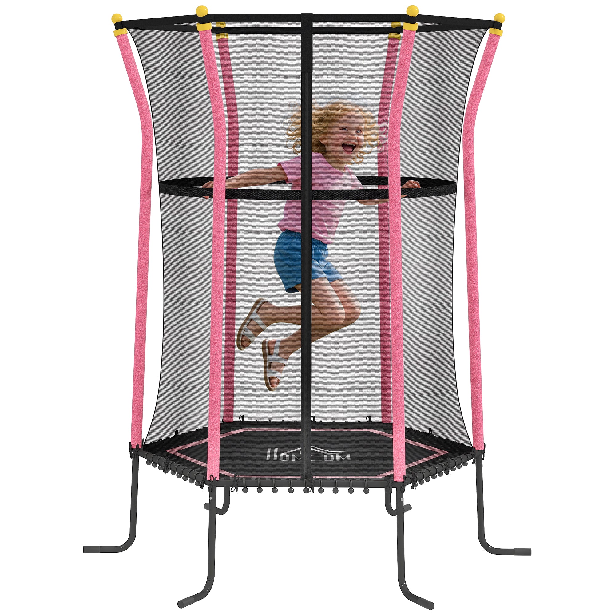 HOMCOM Dječji Trampolin Ø163,5 cm, unutarnji trampolin s pokrovom od zaštitne mreže i elastikom, za djecu do 50 kg, uzrast 3-10 godina, Roza