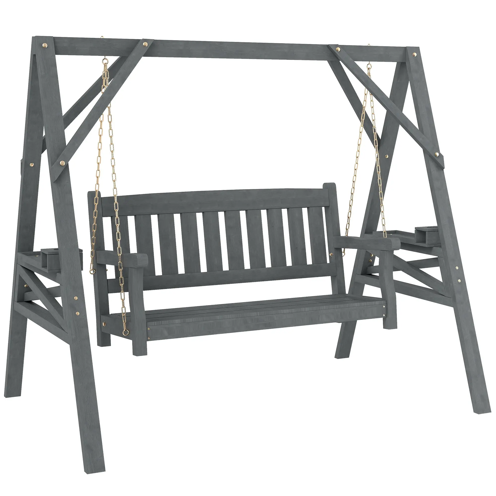 2-Seater Garden Swing — Wooden Bench with Side Tables, Cup Holders & Metal Chains, Gray