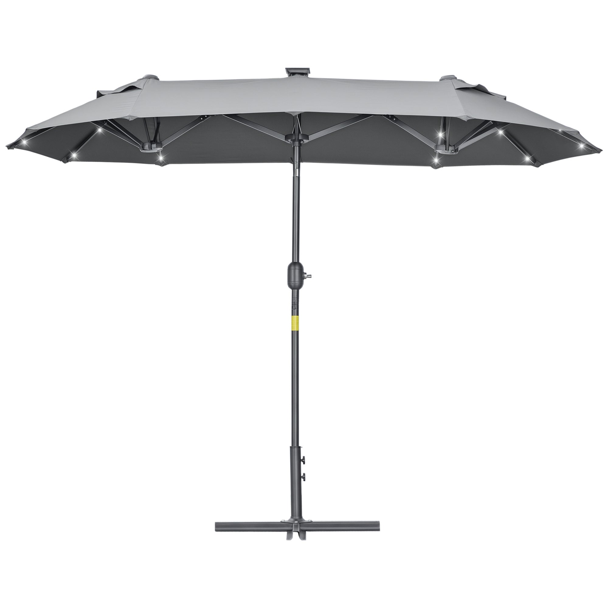 Outsunny Kétkarú Napernyő 295x150x219 cm Napernyő Napenergia LED Lámpákkal, Állítható Dőlésszögű Tető és Manuális Kézi Hajtómű Teraszhoz, Medencéhez, Strandhoz Szürke