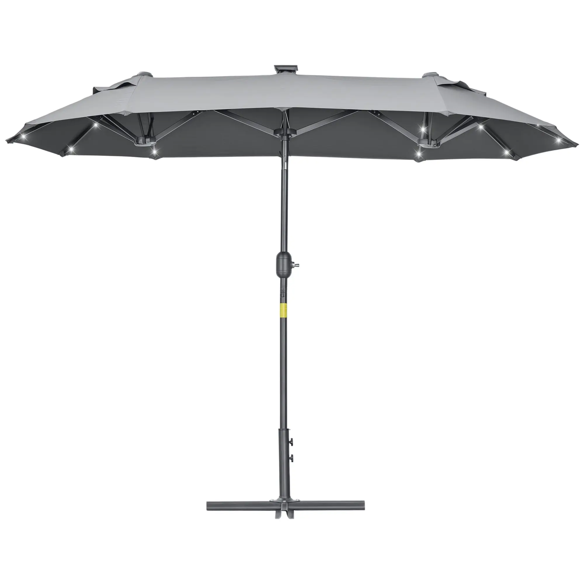 Double Umbrella 295x150x219 cm Garden Umbrella with Solar LED Lights Adjustable Tilt Roof and Manual Crank for Patio Pool Beach Gray