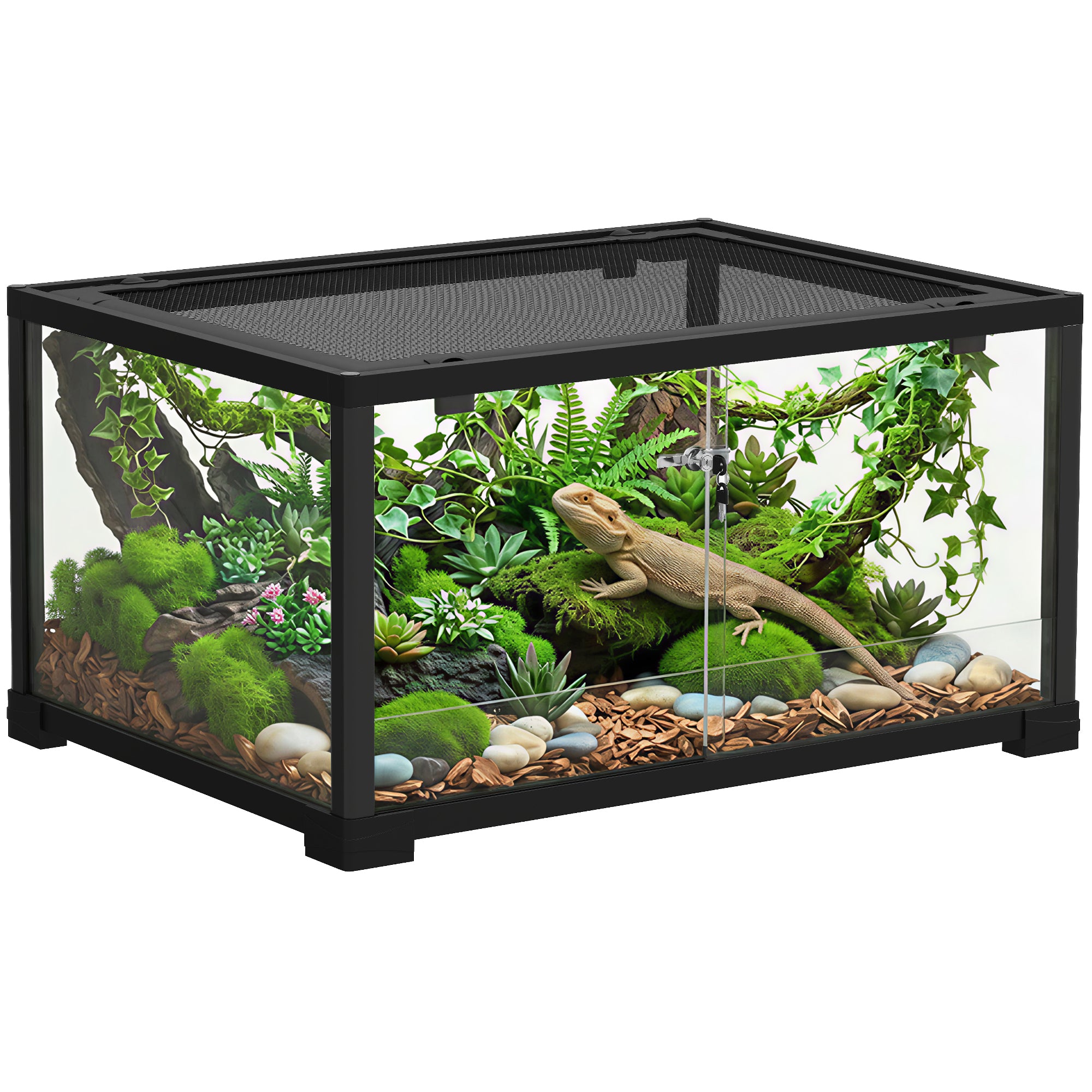 PawHut stiklinis roplių terariumas su slankiojančiomis durelėmis ir dvigubu užraktu, juodas – 60 x 45 x 32 cm (86,3 l)