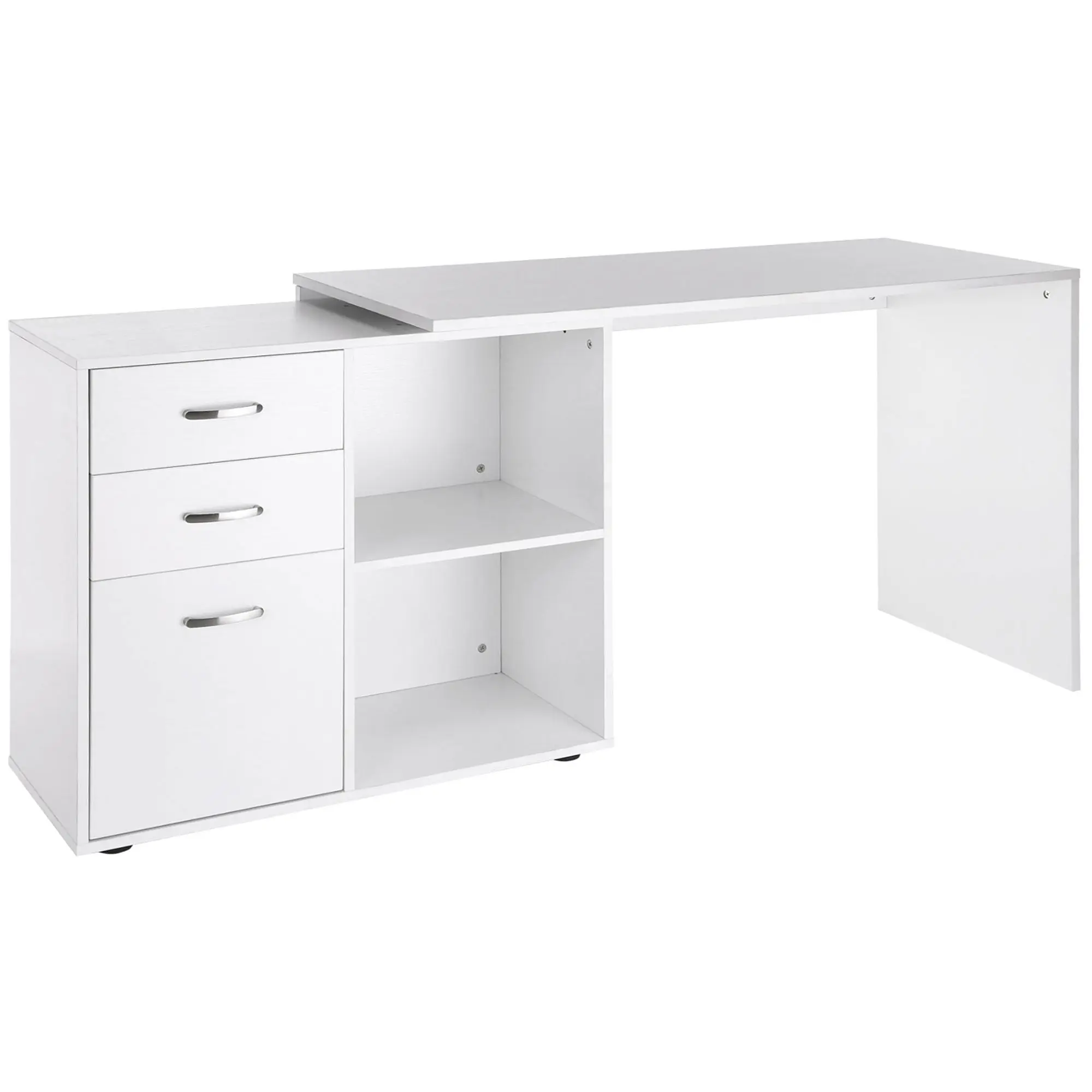 White Modular Corner Straight Desk Dining Table 2 in 1 Computer Desk 3 Drawers + 2 Shelves MDF
