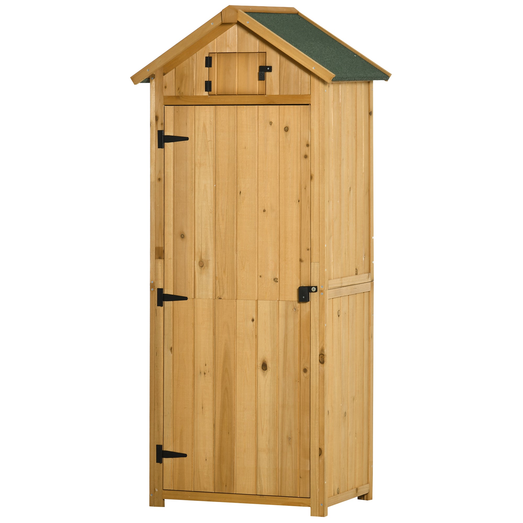 Wooden Garden Shed, Outdoor Tool Storage Cabinet with Shelves, Weather-Resistant Gable Roof, Ventilation Window, Latched Door, 77 x 54.2 x 179 cm, Yellow and Green