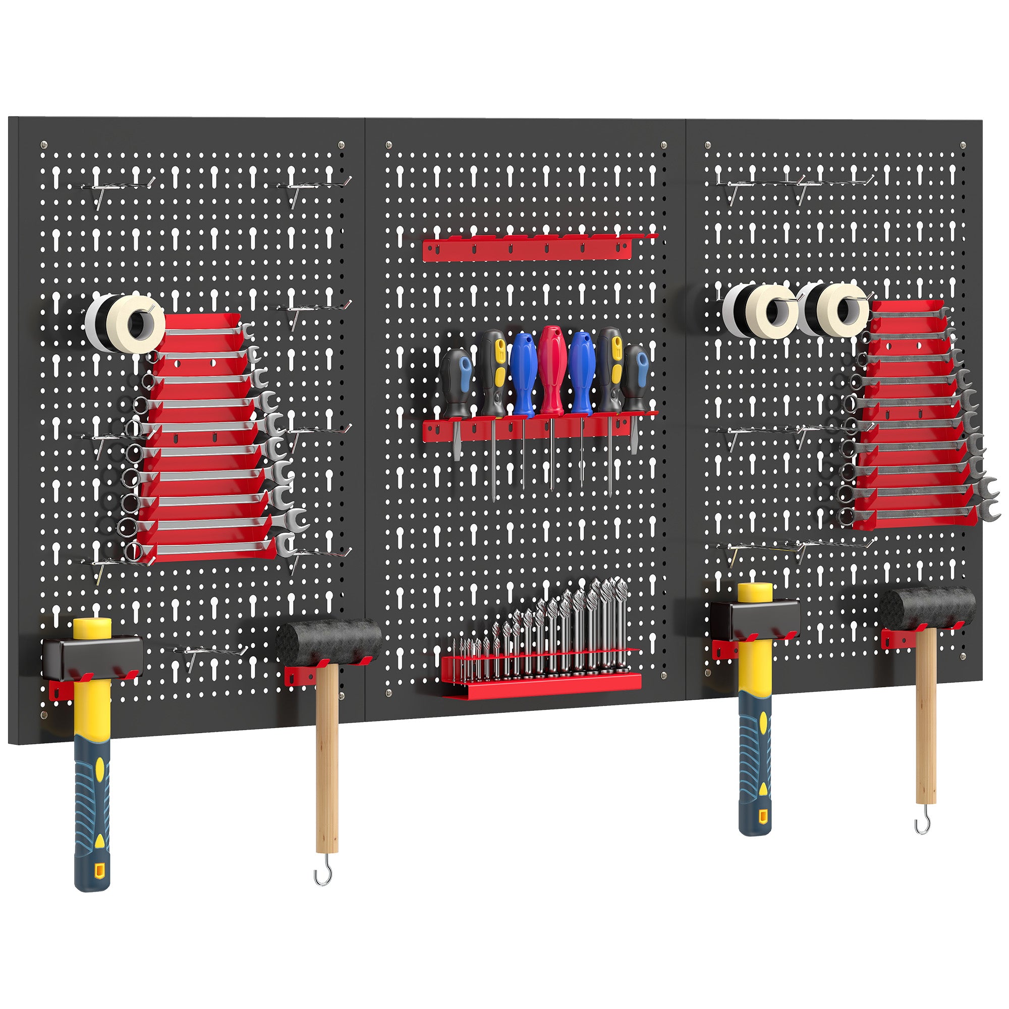 HOMCOM nástenný panel na náradie 60 × 40 cm, 28-dielny organizér s hákmi a priehradkami, čierna/červená