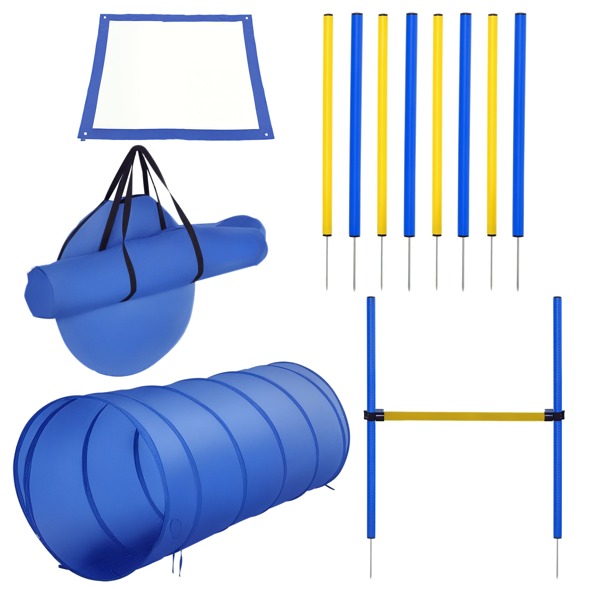 PawHut Agility Training Set Slalom-Hürden Tunnel Hundesport Trainingsbereich PE+Polyester Blau+Gelb