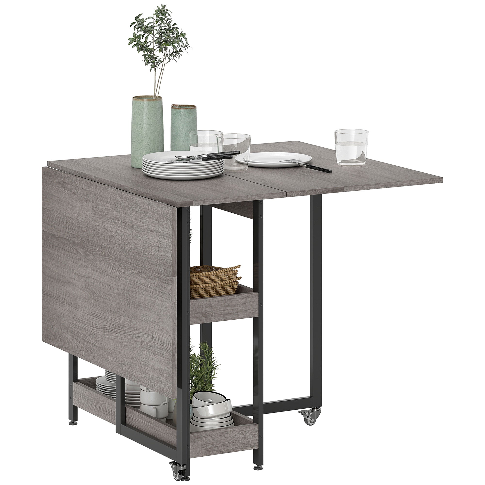 HOMCOM Folding Dining Table with Storage, Drop Leaf Kitchen Table for 2–4 People with 2 Open Shelves and Lockable Wheels, Grey