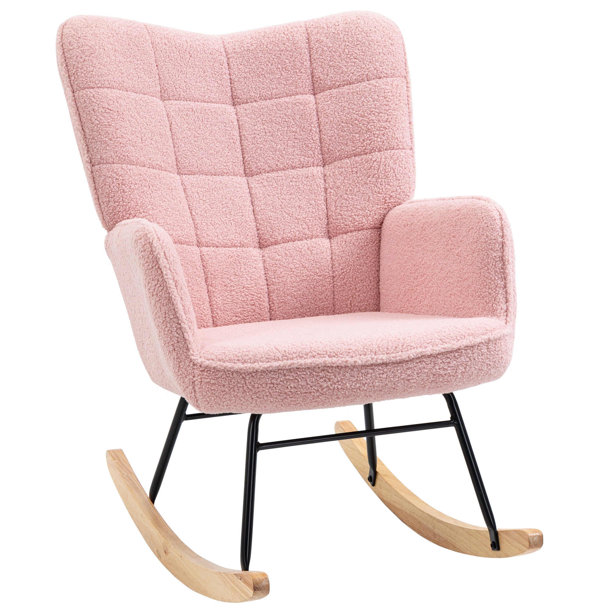 HOMCOM Rocking Chair Teddy Fleece Accent Armchair High Back Lounge Chair with Wooden Rockers for Living Room Bedroom Nursery Pink