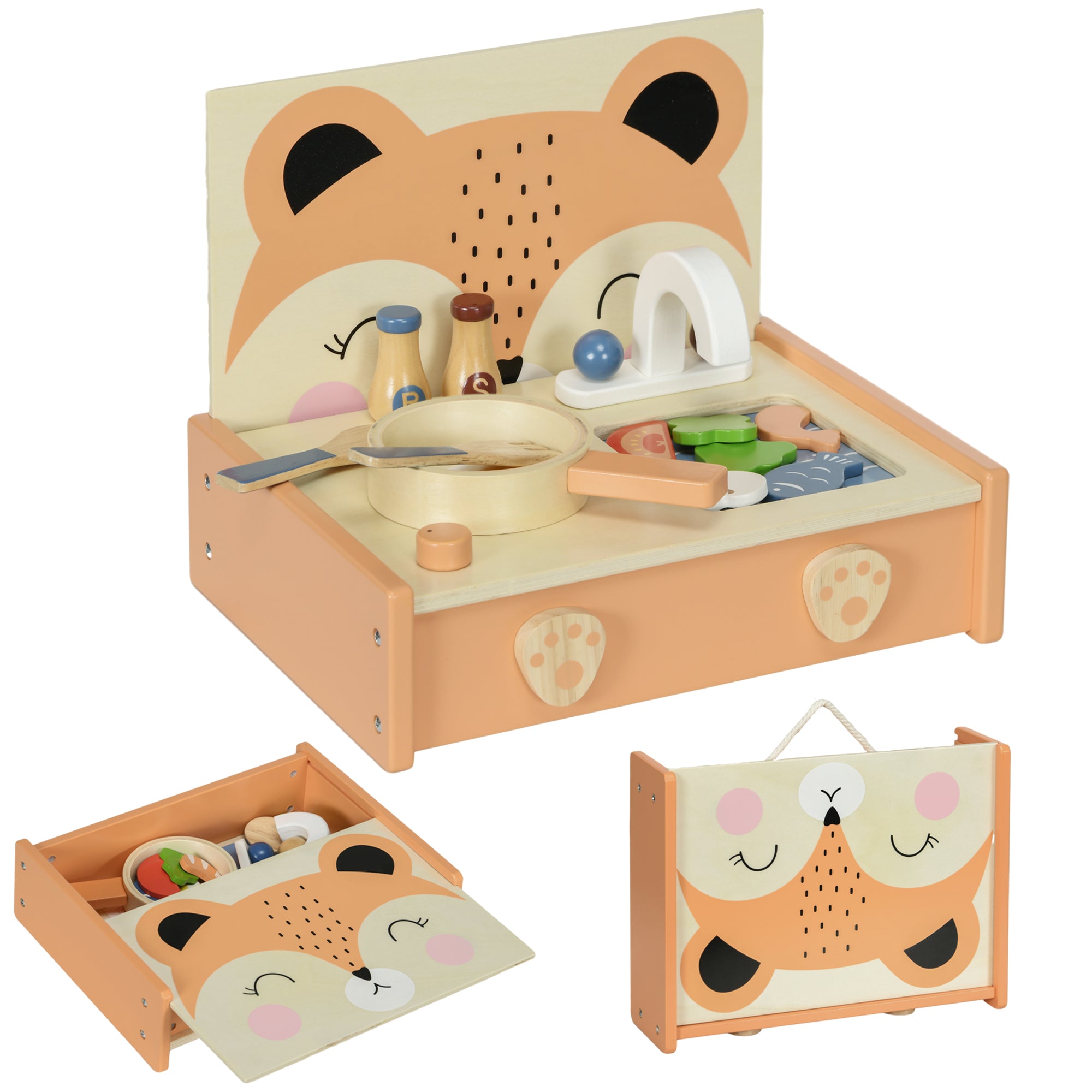 AIYAPLAY Mini Holz-Küche für Kinder mit Fuchs-Design - Spielzeug aus Holz mit 12 Zubehörteilen wie Pfanne, Spatel, Gewürzen, Obst und Gemüse - für 3-5 Jahre