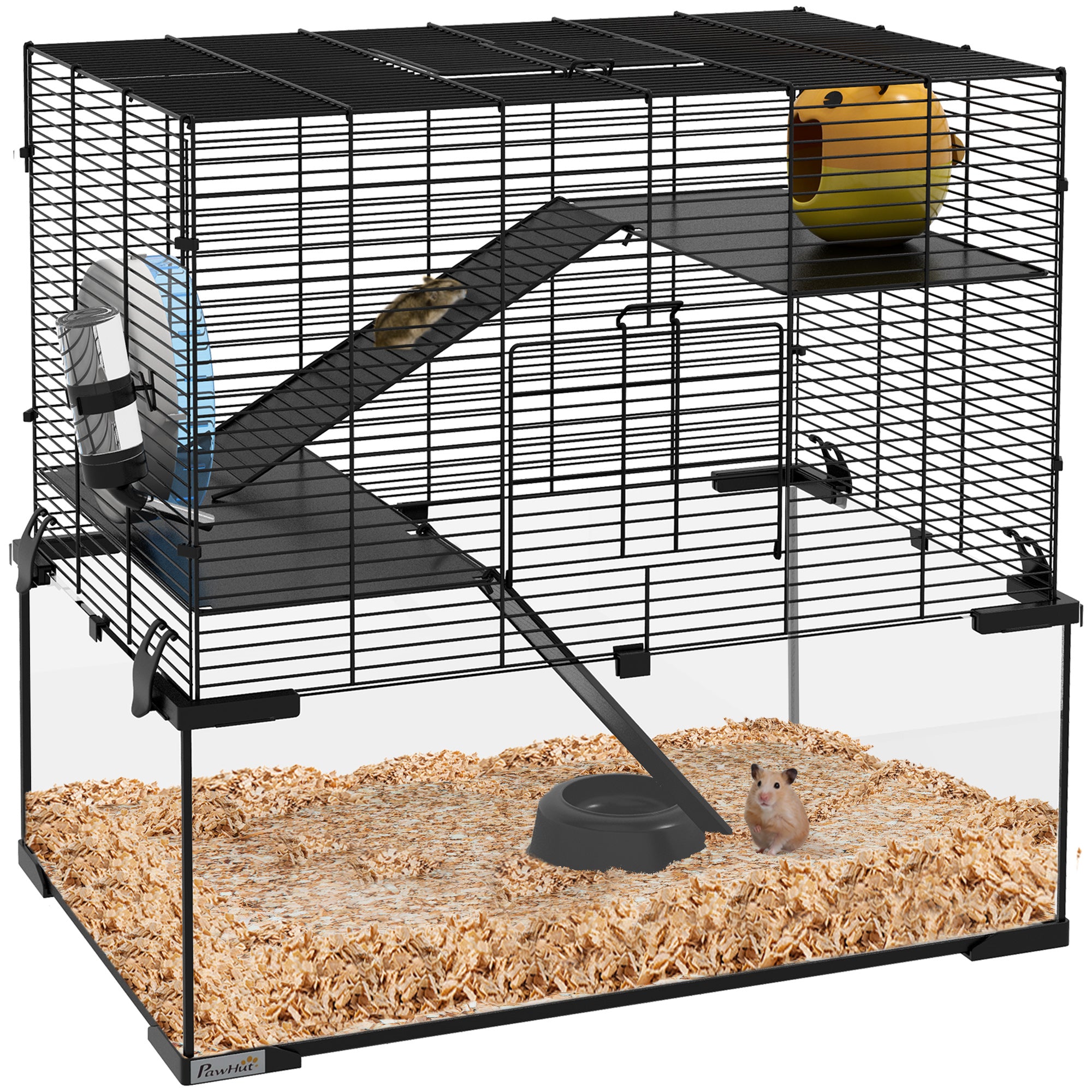 PawHut Hamster Käfeg kleng Déieren Haus mat Glaskëscht Plattformer, Schëss fir Waasser, Haus Rampen an Exercisrad 60x40x54,5 cm Schwaarz