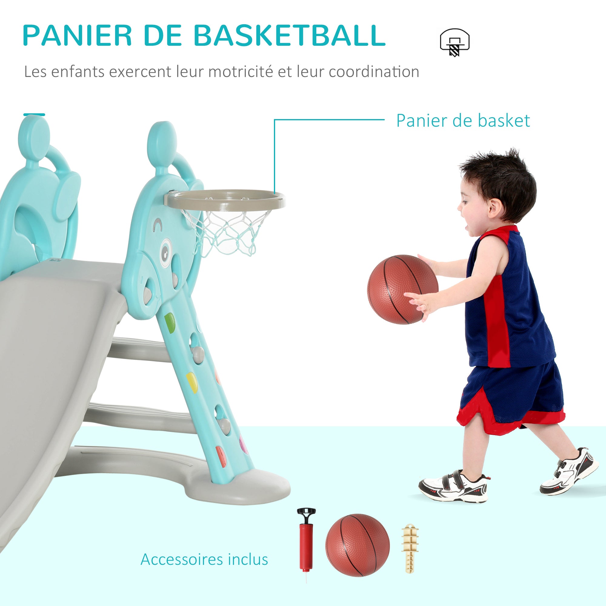 HOMCOM Kinderrutsche mit Basketballkorb und Kletterleiter für Kinder ab 18 Monaten für drinnen und draußen Maximalbelastung 20 kg Maße: 147L x 82B x 85,5H cm Blau und Grau