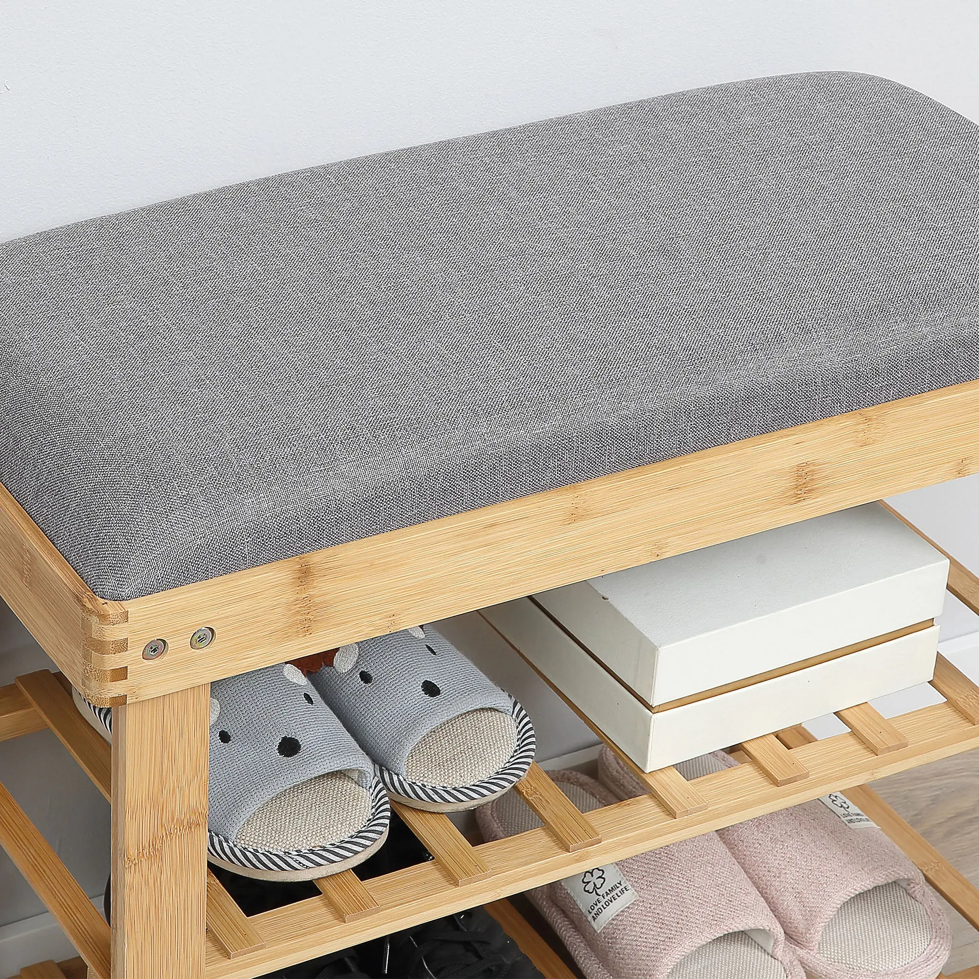 Shoe Storage Bench Shoe Cabinet 2 Shelves Integrated Gray Cushion Bamboo