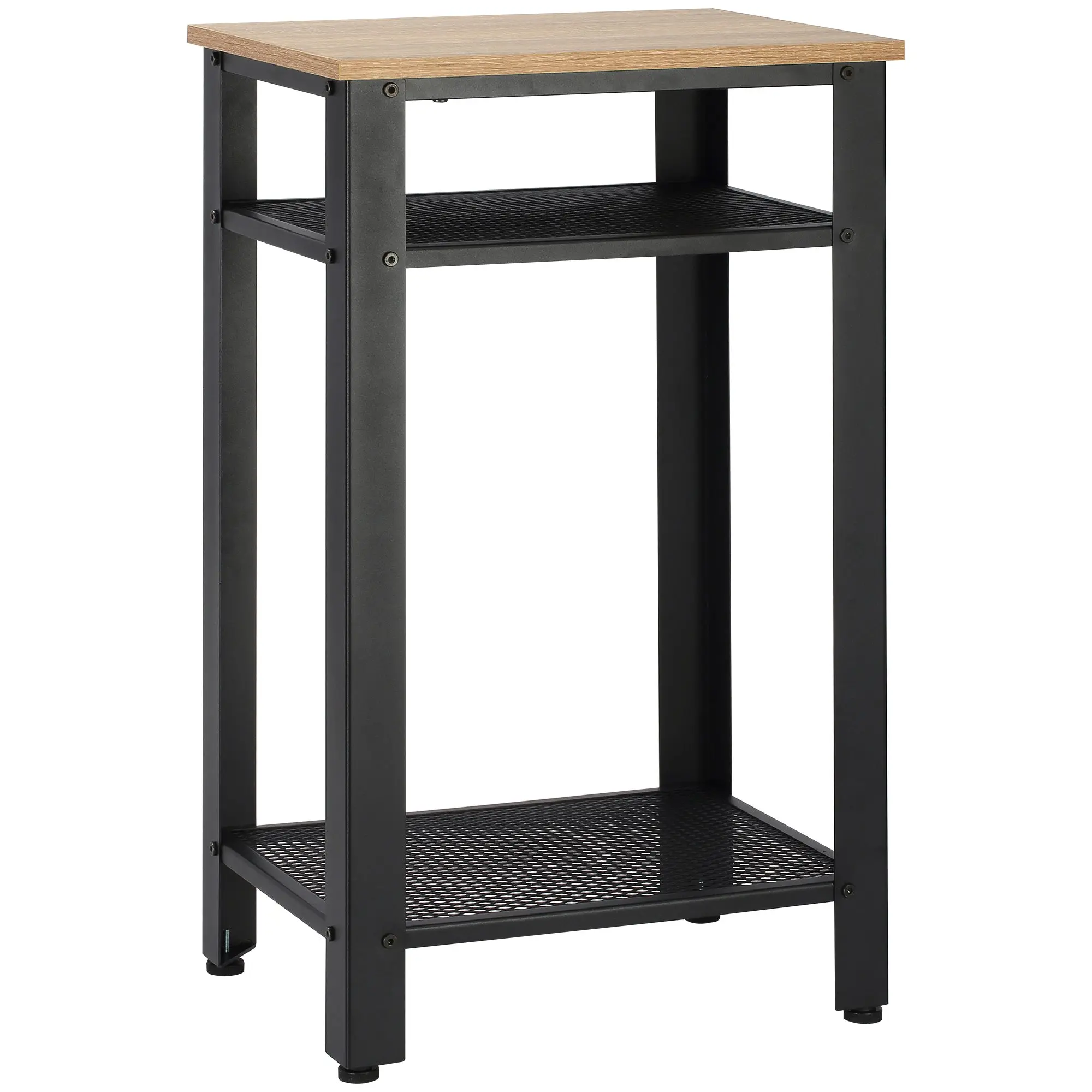 Industrial Style Side Table Nightstand with 2 Metal Grid Shelves and Adjustable Feet for Living Room Bedroom 45x35x75 cm Oak and Black