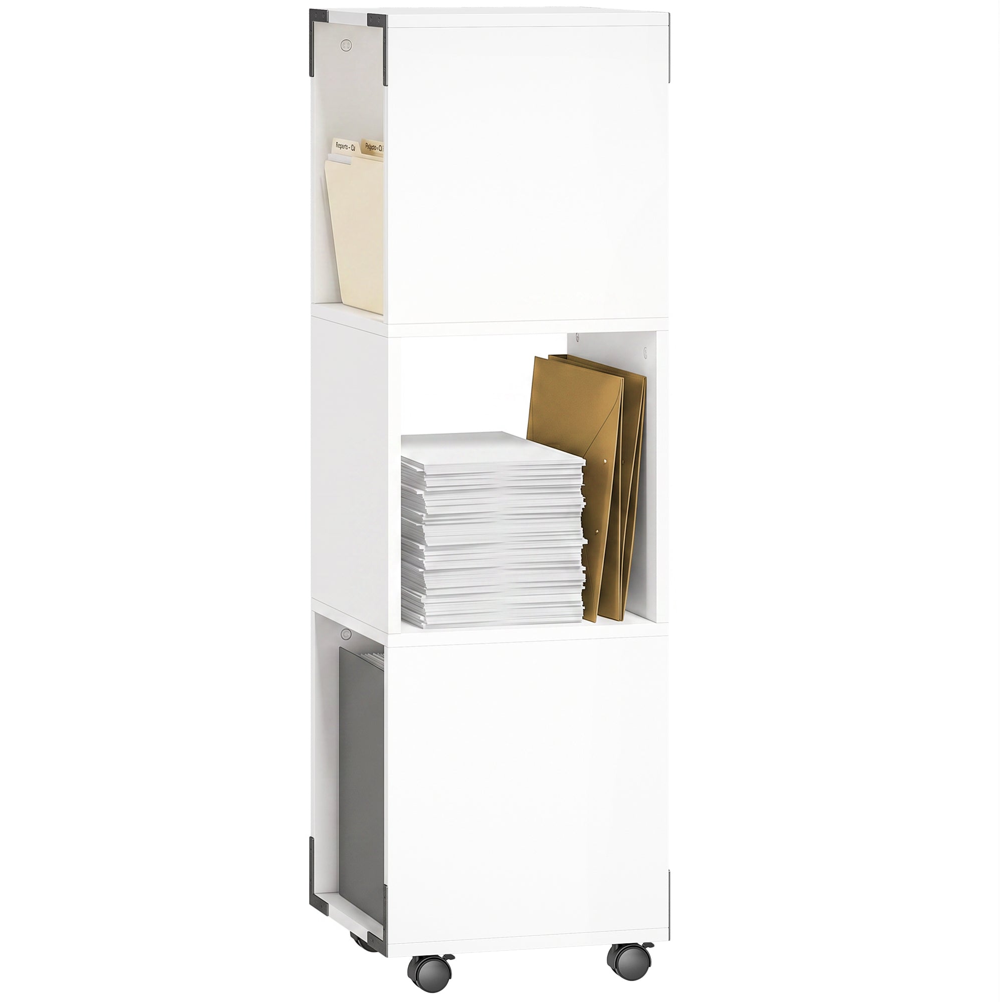 Mobile Filing Cabinet with 3 Open Shelves & Printer Shelf on Casters — White, 33.5 x 33.5 x 111 cm (13.2 x 13.2 x 43.7 in)