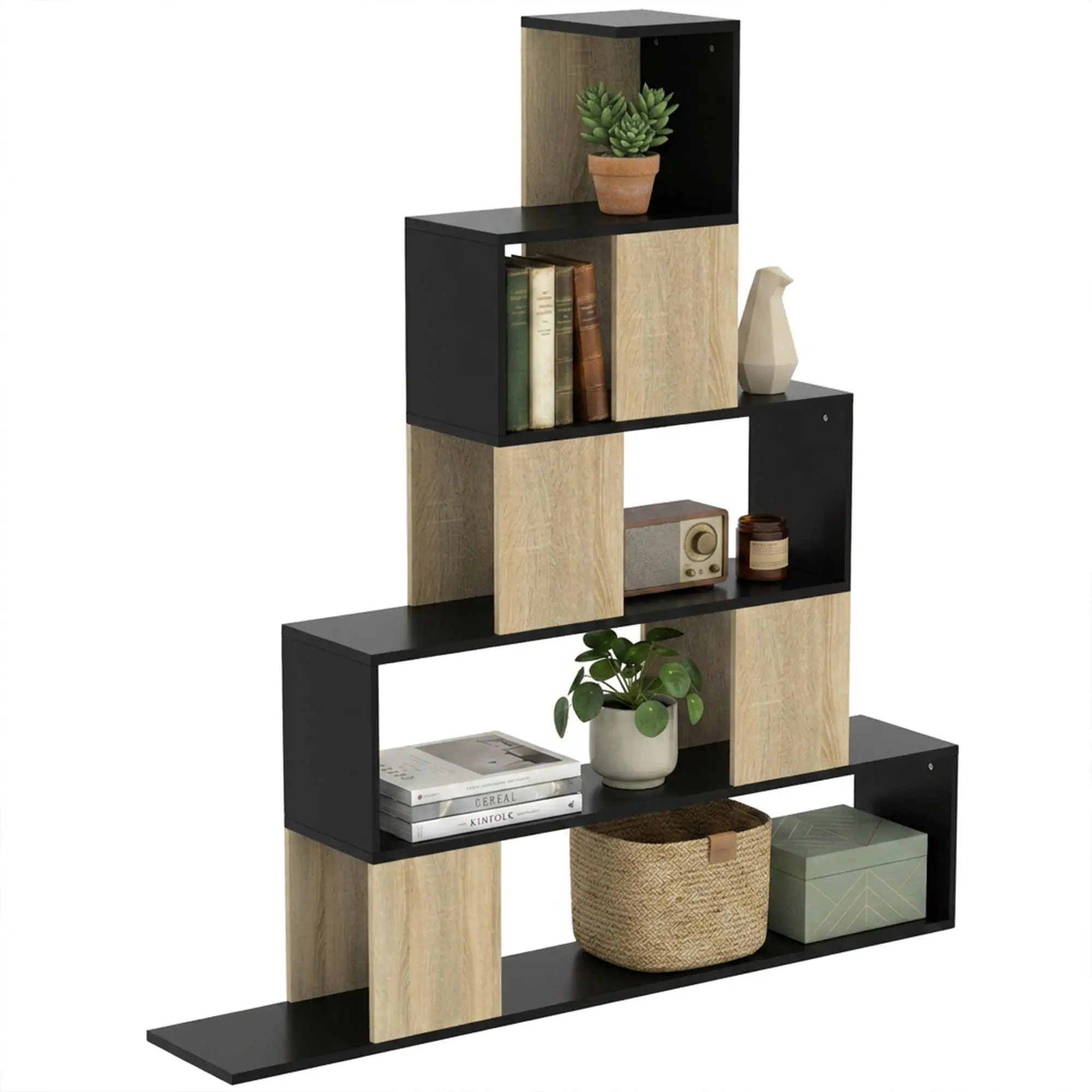 5-Tier Geometric Ladder Bookcase – Black/Natural Wood, 47.2 x 8.7 x 51.8 in