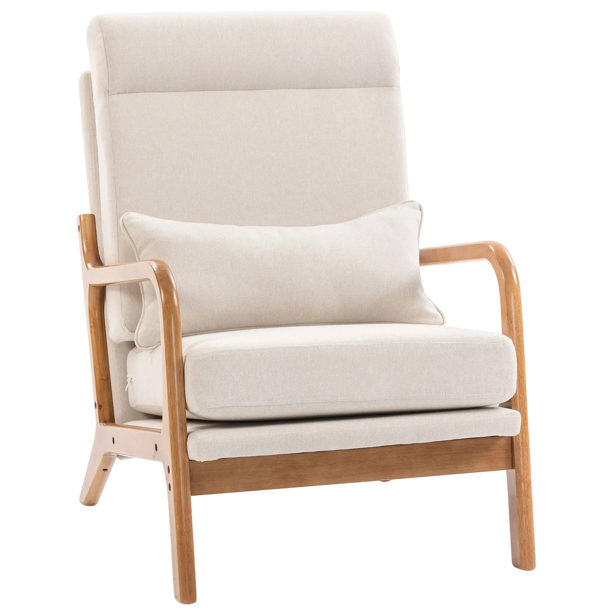 Accent Chair — Linen-Look Upholstered Armchair with Wide Seat, Lumbar Support & High Back, Thick Cushioning, Solid Wood Frame, Cream