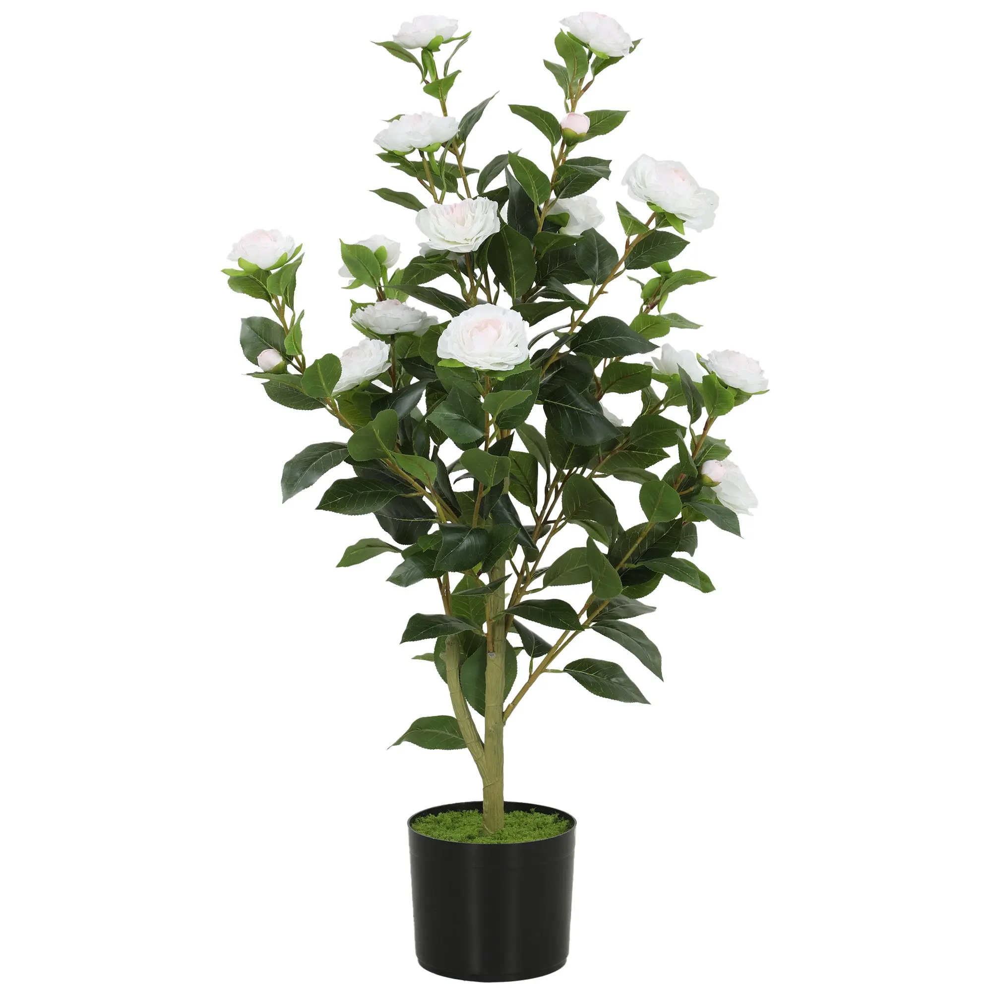 Realistic Artificial Camellia with 176 Leaves, White Polyester Flowers, PEVA Foliage | Black PP Pot Filled with Cement | 35.4 in Indoor Decorative Plant for Living Room & Entryway