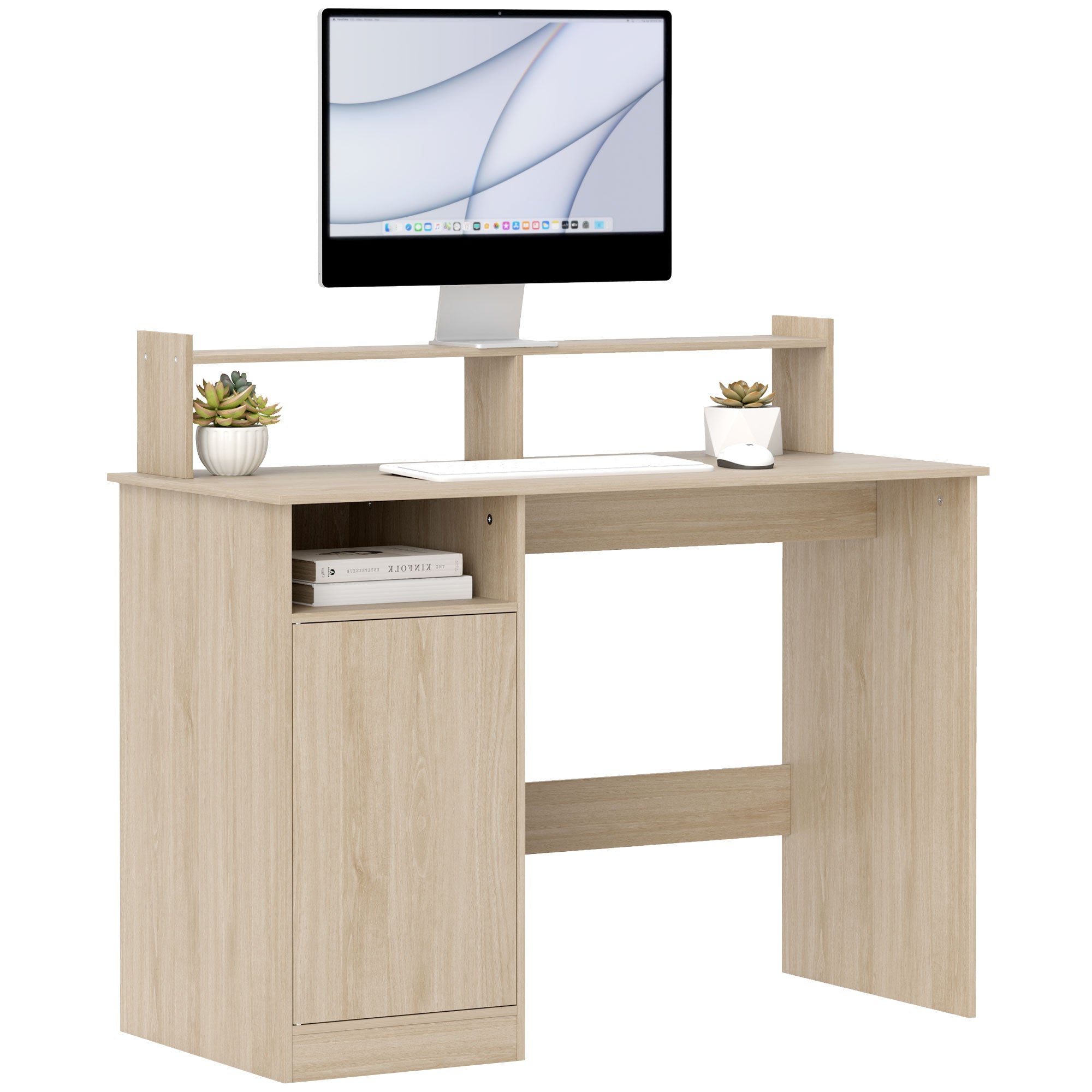 HOMCOM Moderní stůl se policemi a otevřenými přihrádkami, pracovní stůl s podstavcem pro monitor, domácí kancelář 108x50x94 cm Přírodní