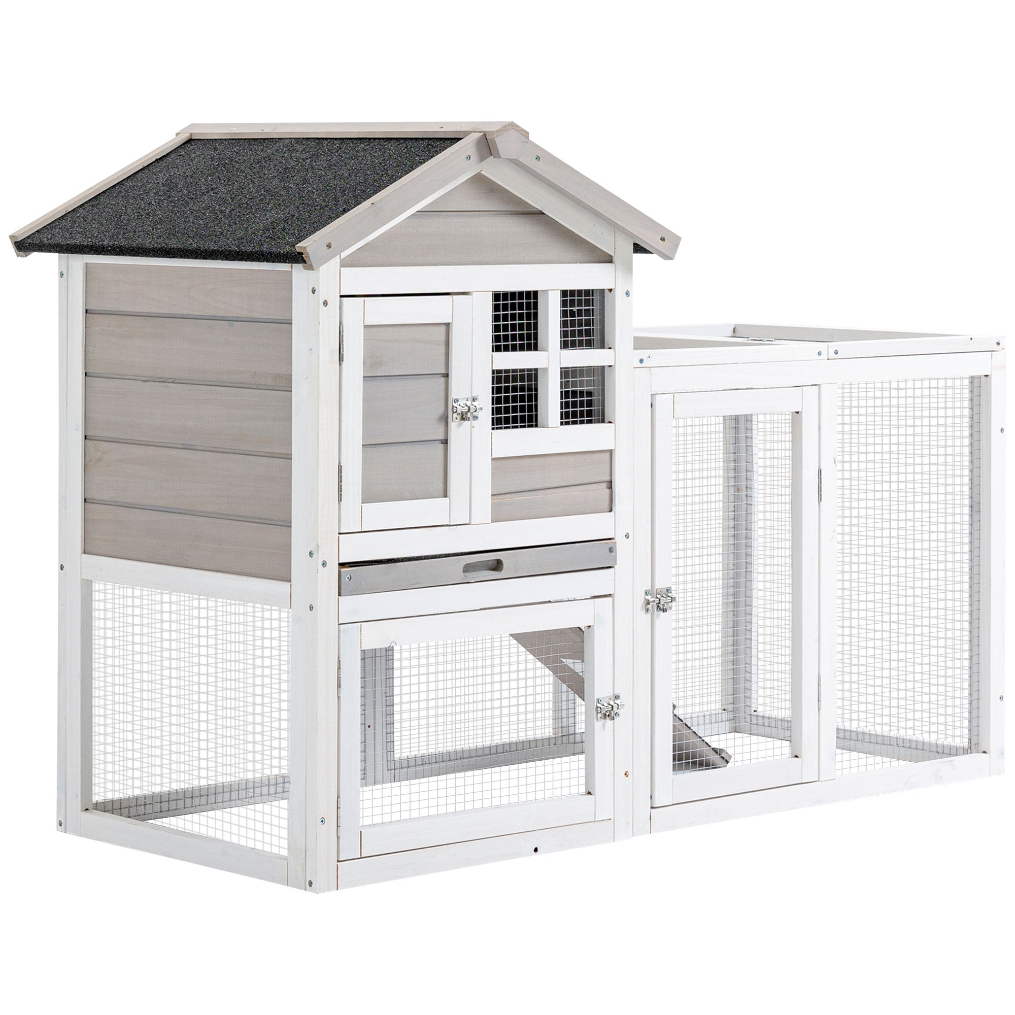 Rabbit Hutch Cottage - Upper Enclosure with Ramp and Outdoor Enclosure - Pull-Out Tray, Bituminous Roof, 4 Lockable Doors - Dimensions 128L x 64W x 92H cm Spruce Wood White Gray