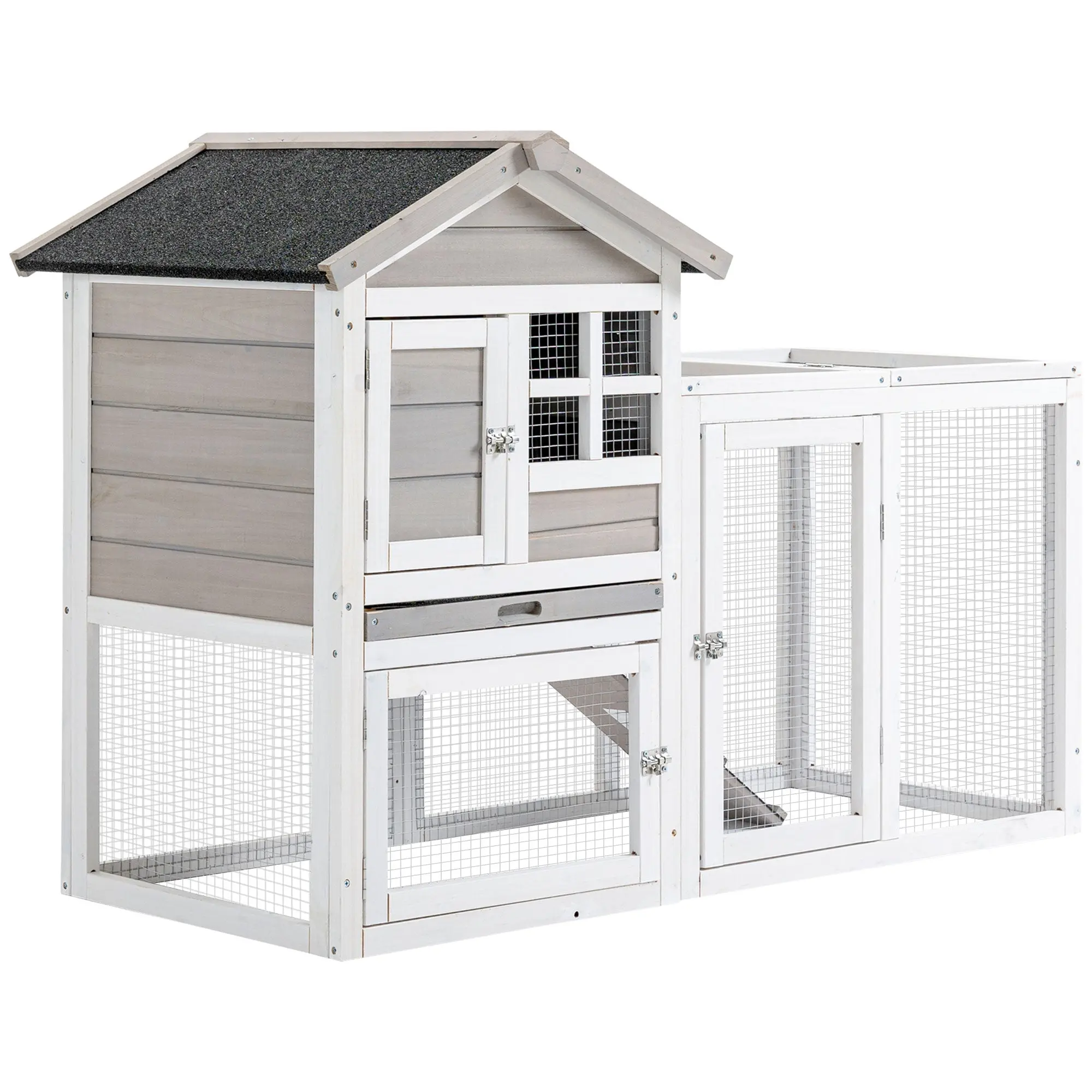 Rabbit Hutch Cottage - Upper Enclosure with Ramp and Outdoor Enclosure - Pull-Out Tray, Bituminous Roof, 4 Lockable Doors - Dimensions 128L x 64W x 92H cm Spruce Wood White Gray