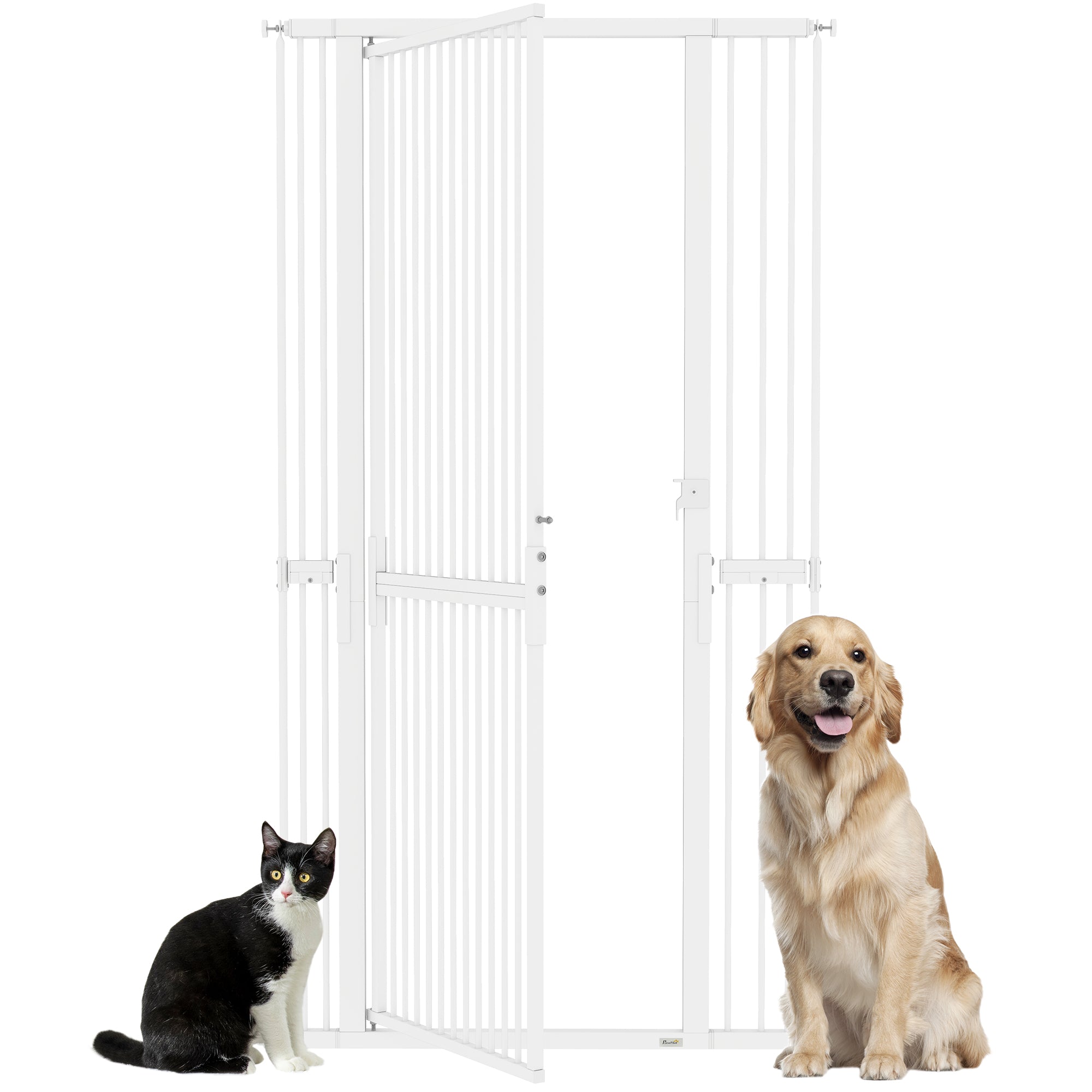 PawHut 180 cm hohes Sicherheitsgitter für Haustiere — verstellbar 76–104 cm, 3,5 cm Stababstand, Druck- oder Schraubmontage, manuelle Verriegelung, Weiß