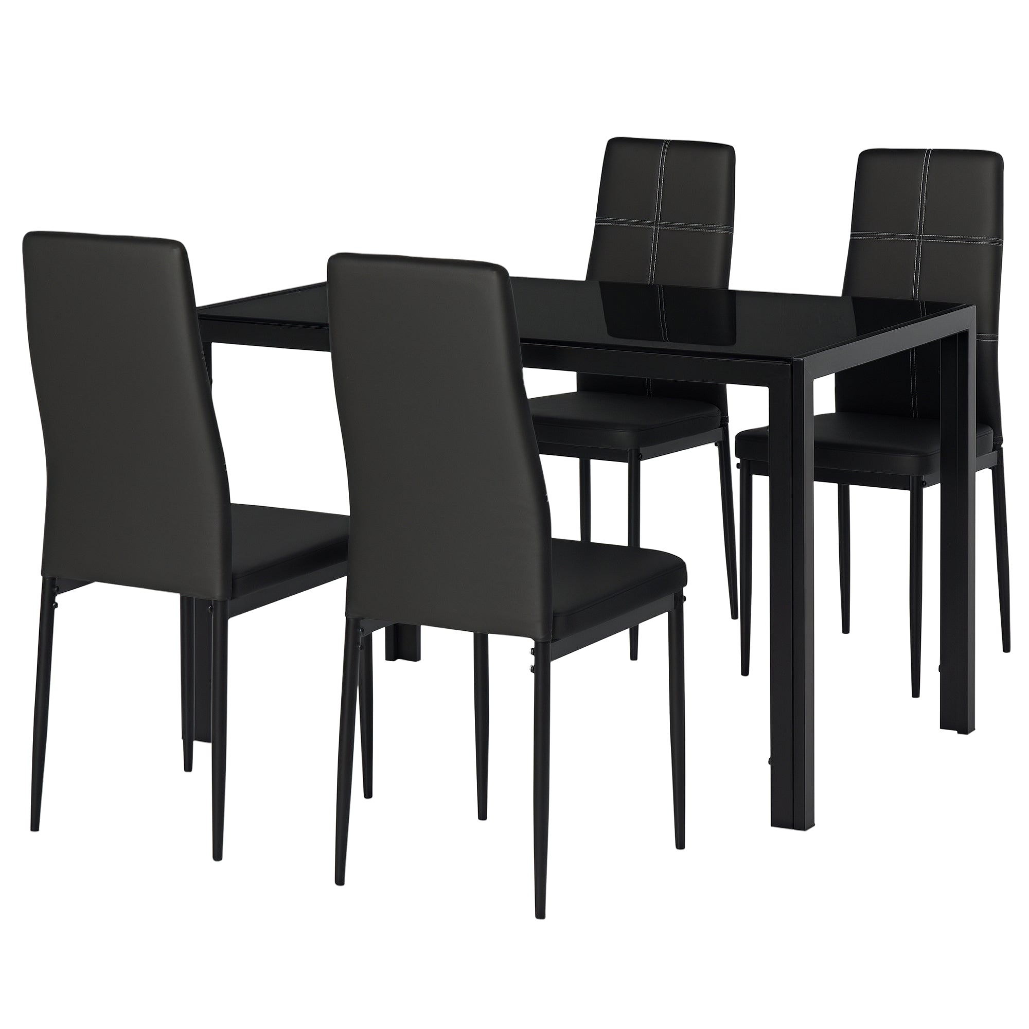 HOMCOM Essgruppe mit Tisch und 4 Stühlen – 5-teiliges Küchenmöbel-Set mit rechteckigem Tisch aus gehärtetem Glas und mit PU-Polsterung gefertigten Stühlen auf schwarzen Metallbeinen