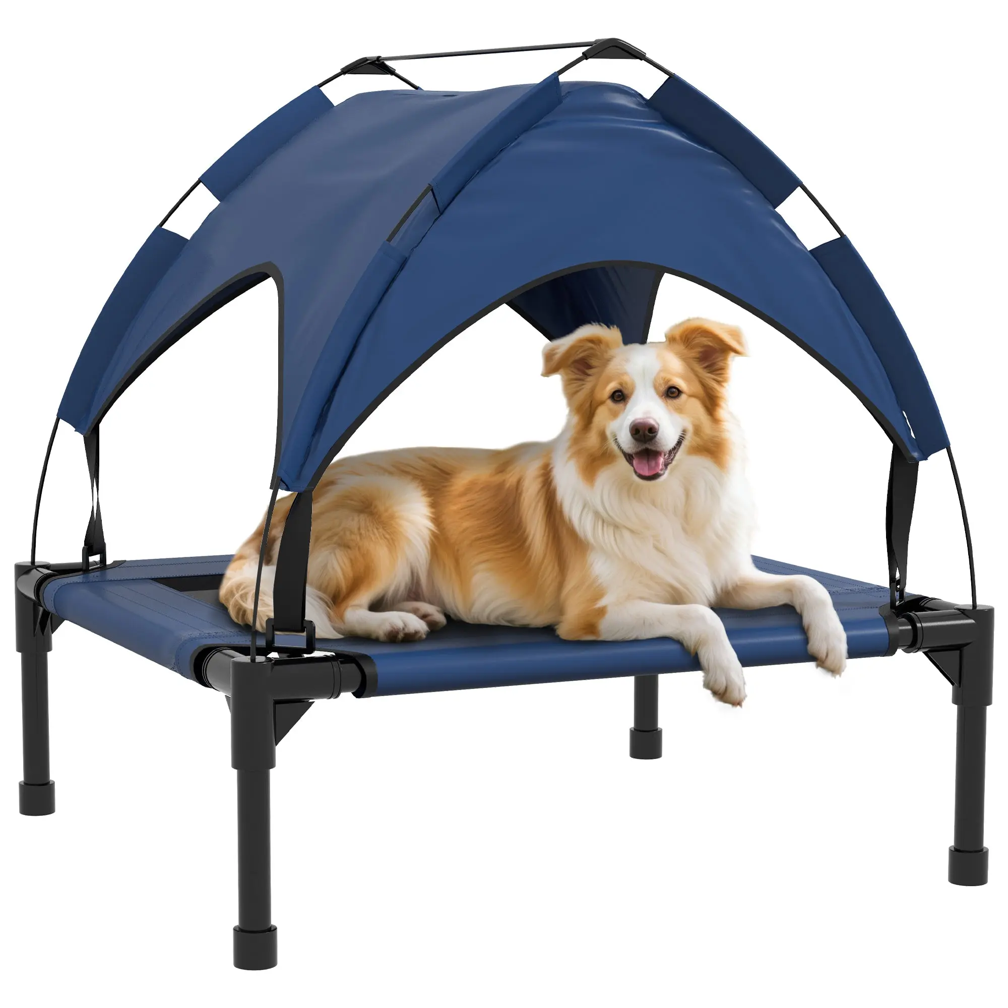Elevated Dog Bed with Canopy, Pet Bed, Outdoor Dog Lounger with Roof, Breathable, for Small and Medium Dogs Dark Blue Oxford 76 x 61 x 69.5 cm
